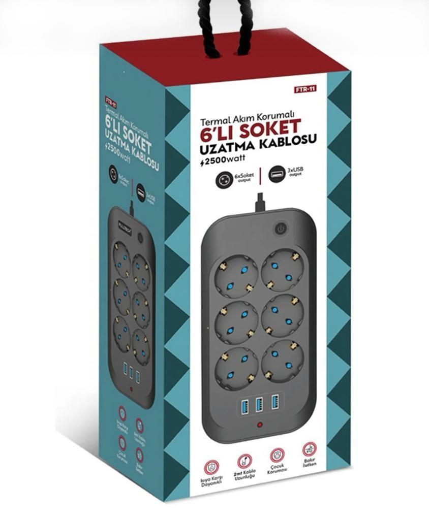 Fulltech Termal Akım Korumalı, Çocuk Korumalı, 6'lı 2 Mt Uzatma Kablosu 6 X Priz, 3 X Usb