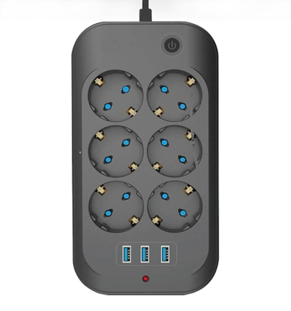 Fulltech Termal Akım Korumalı, Çocuk Korumalı, 6'lı 2 Mt Uzatma Kablosu 6 X Priz, 3 X Usb