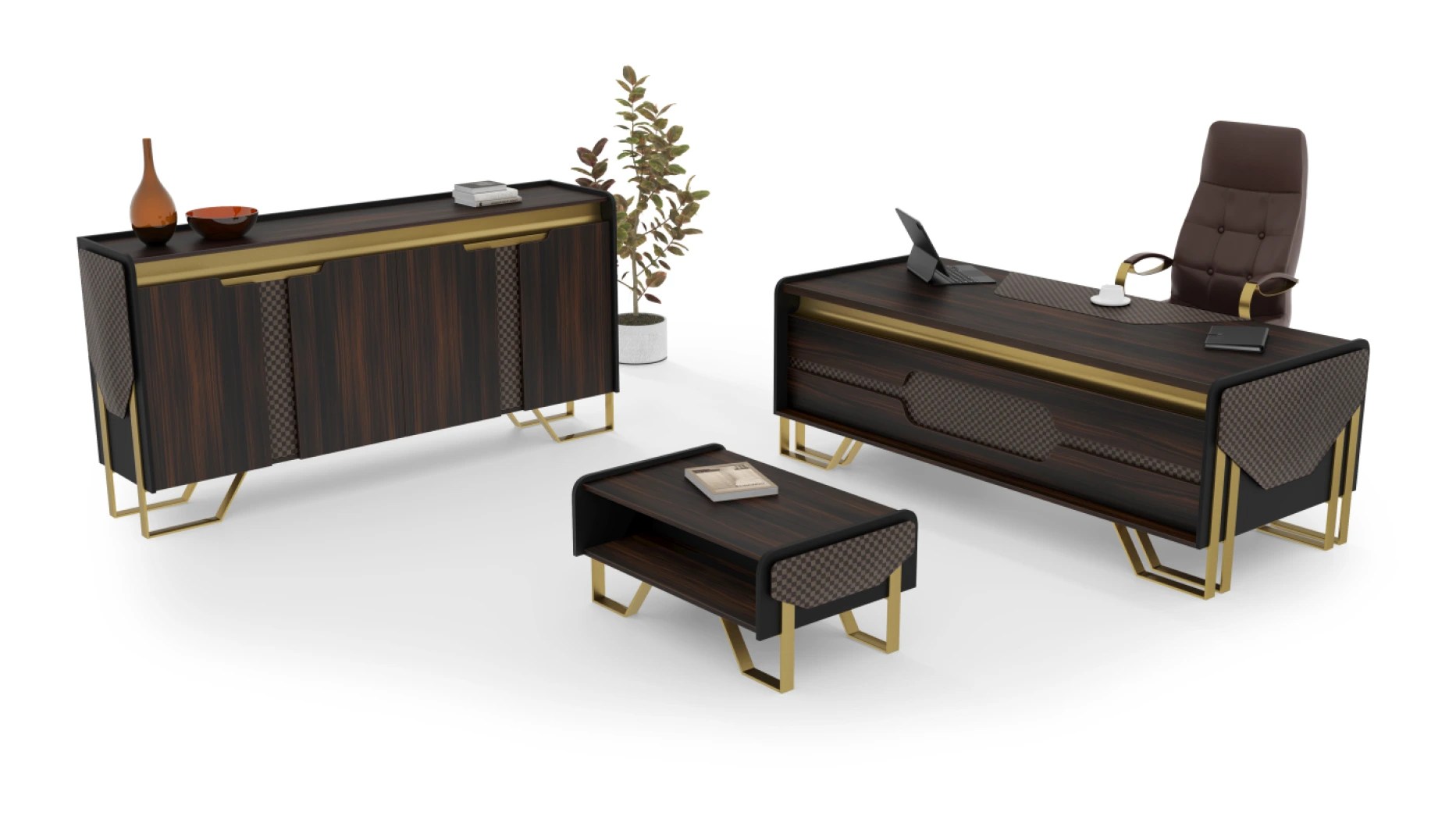 Atacama Yönetici Takımı | 218 cm Gold Detaylı Lüks Makam Takımı