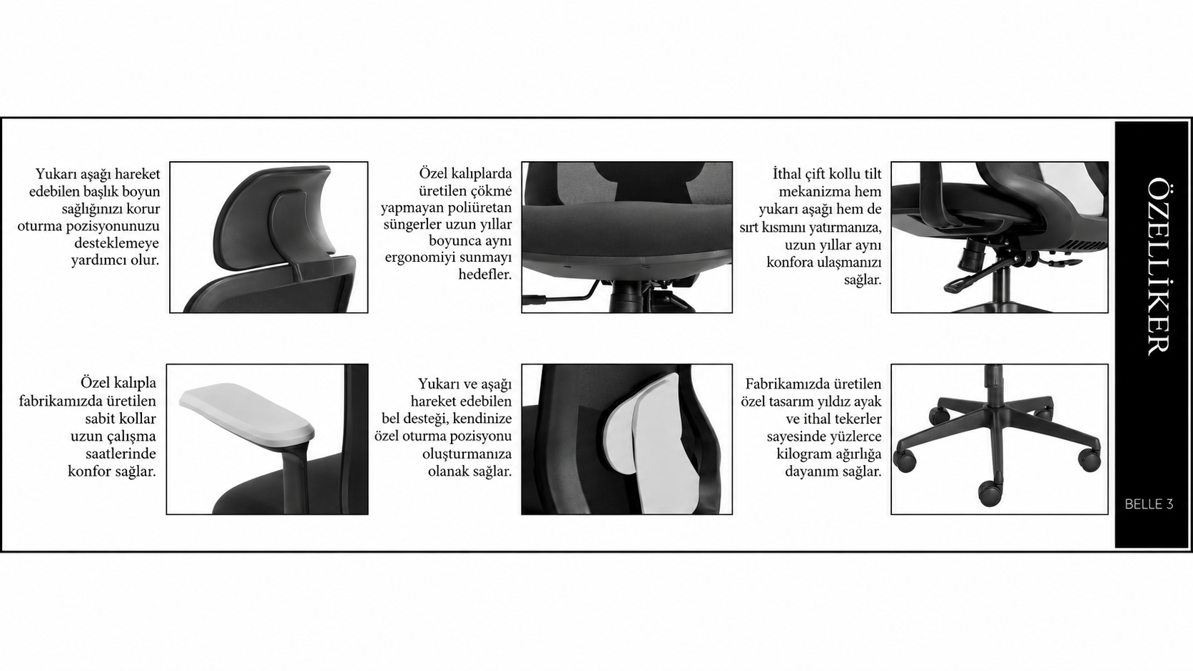 Belle 3 Yönetici Koltuğu | Ergonomik Fileli, Ayarlanabilir Başlık ve Bel Destekli, Çift Kollu Tilt Mekanizmalı
