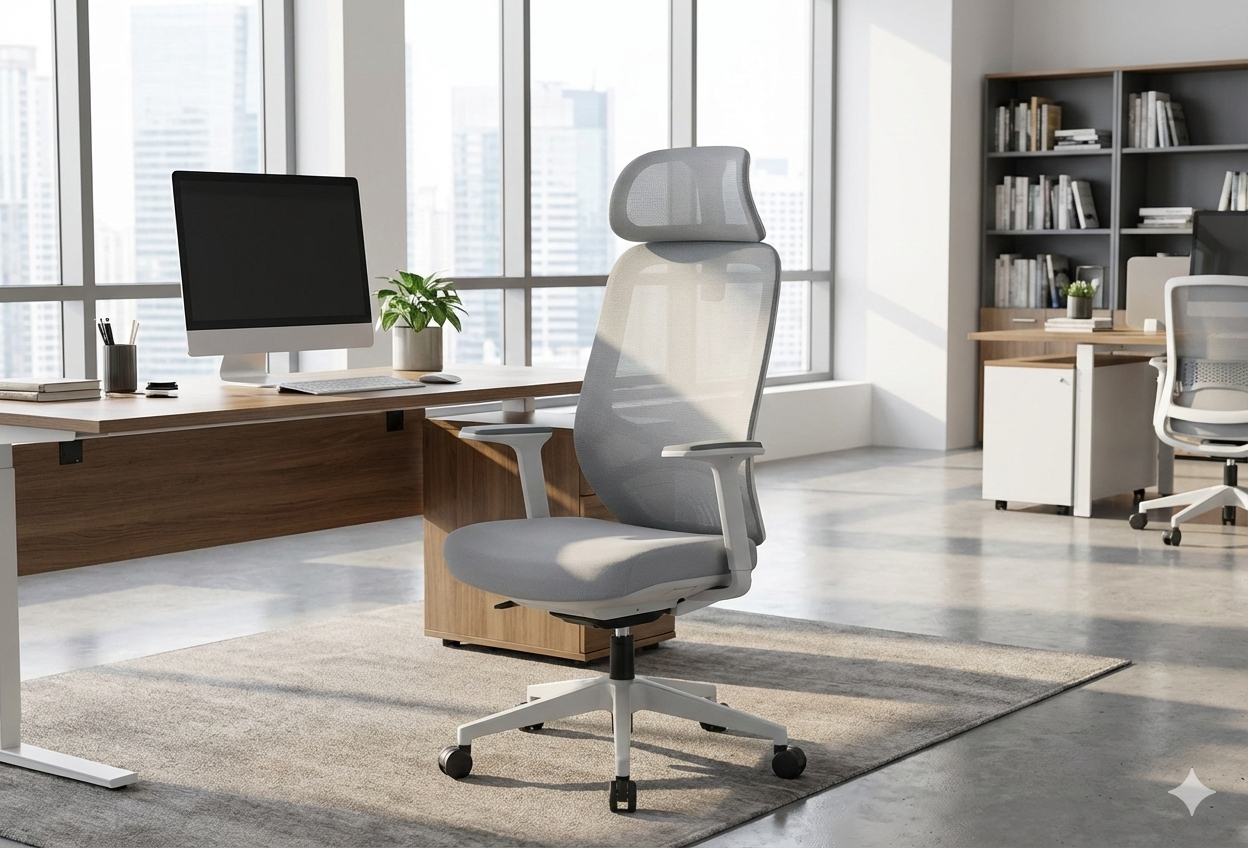 Capri İthal Ergonomik Yönetici Koltuğu | Ortopedik Bel Destekli, Başlıklı & Fileli Ofis Sandalyesi - Gri