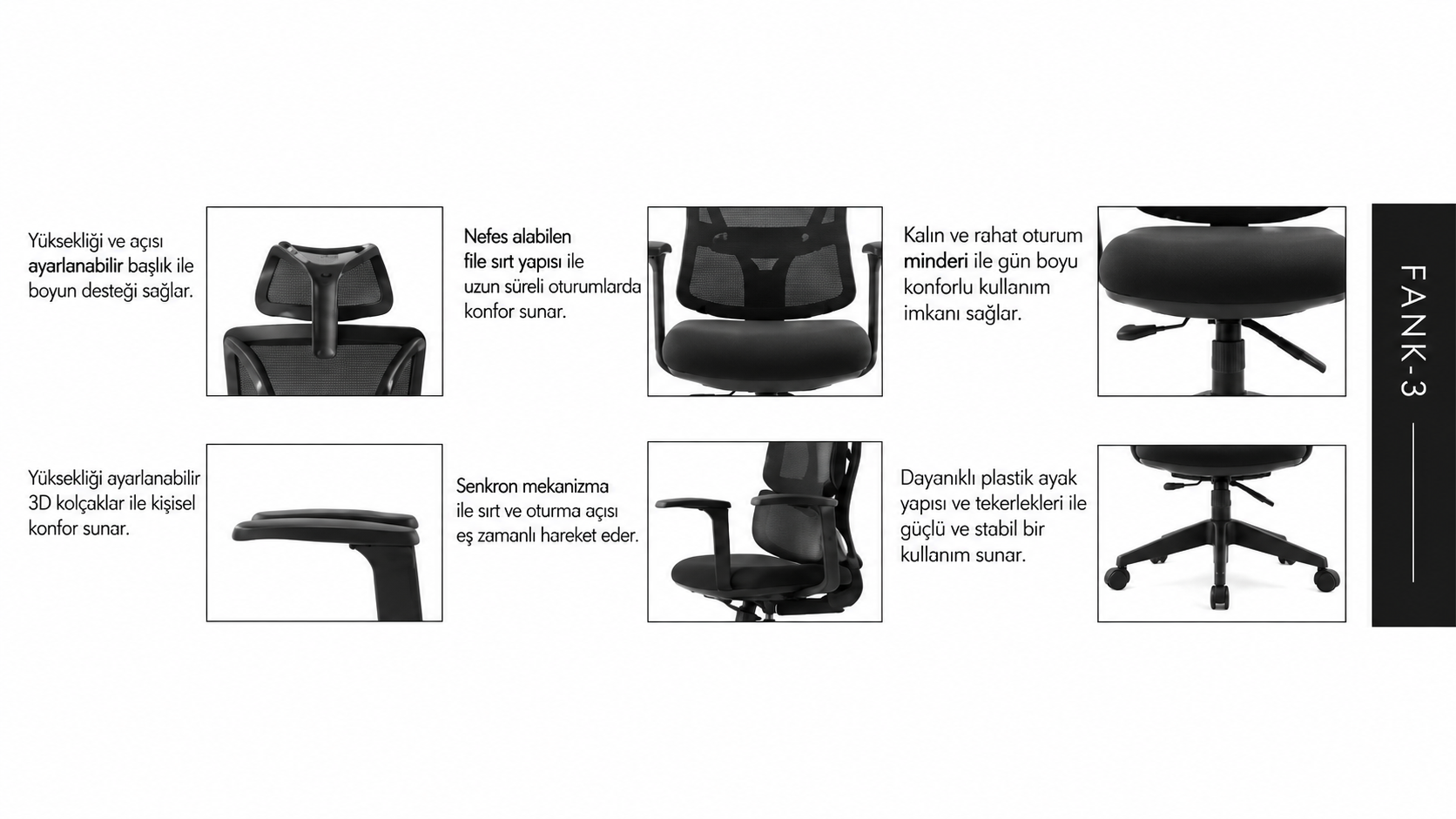 Fank 3 Yönetici Koltuğu | Ergonomik Fileli Sırt, Ayarlanabilir Başlık, 3D Kol ve Senkron Mekanizma