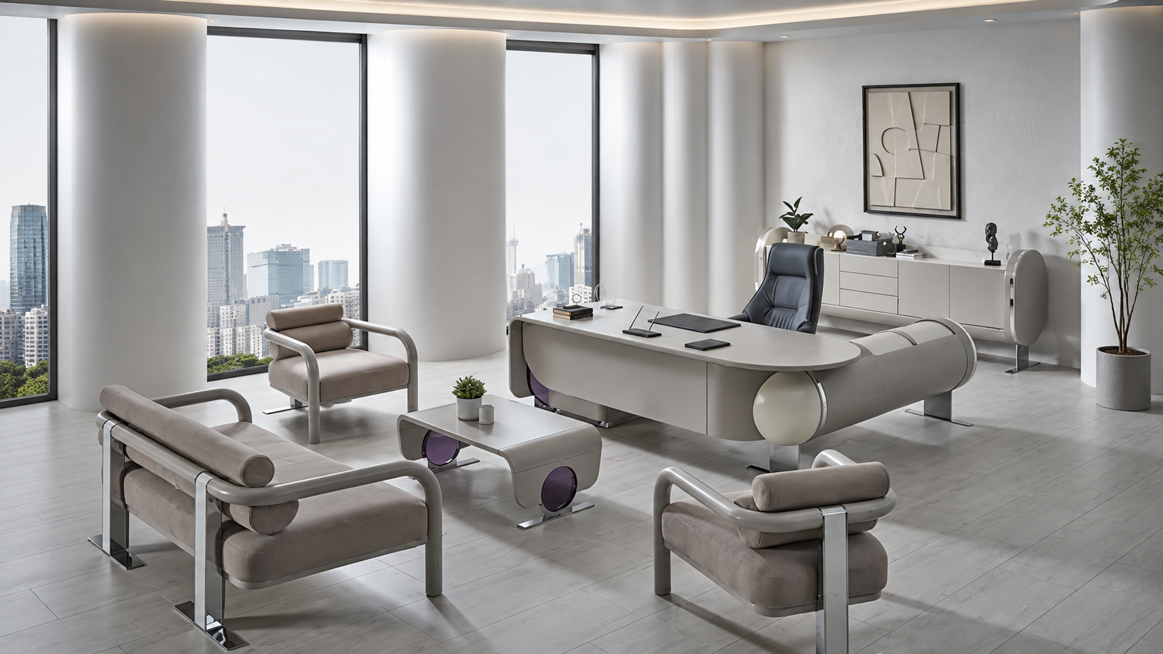 Genesis Bej VIP Ahşap Makam Takımı – Modern Premium Yönetici Ofis Mobilyası