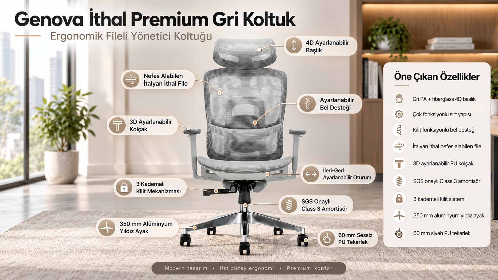 Genova İthal Premium Gri Koltuk | Ergonomik Fileli Yönetici Koltuğu