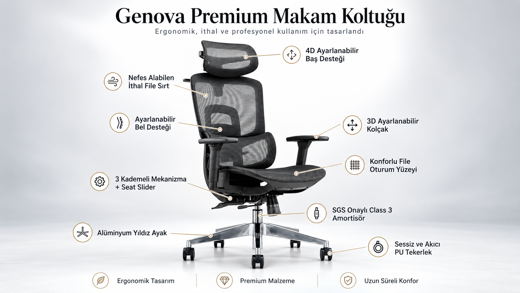 Genova İthal Premium Makam Koltuğu | 4D Başlıklı, Ayarlanabilir Bel Destekli Ergonomik Yönetici Koltuğu