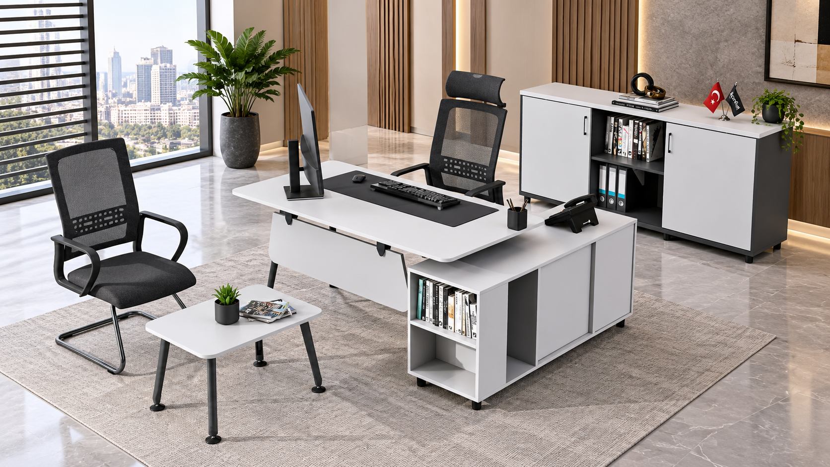 İnter Eta Ara Yönetici Takımı | Etajerli Modern Ofis Masa Takımı