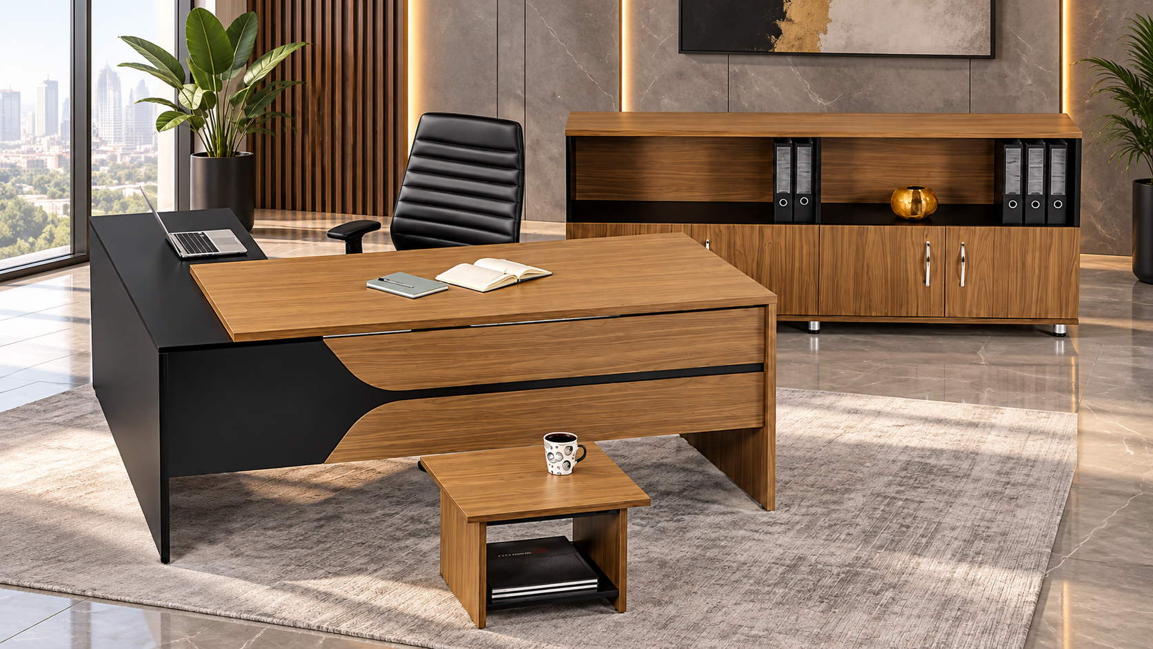 Loft Ara Yönetici Masa Takımı | Etajerli Modern Ofis Takımı