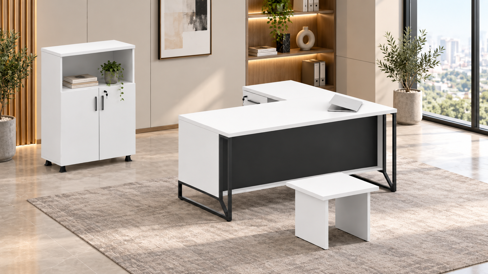 Luban Çalışma Seti 160 cm | Modern Ofis Masa Takımı - Beyaz