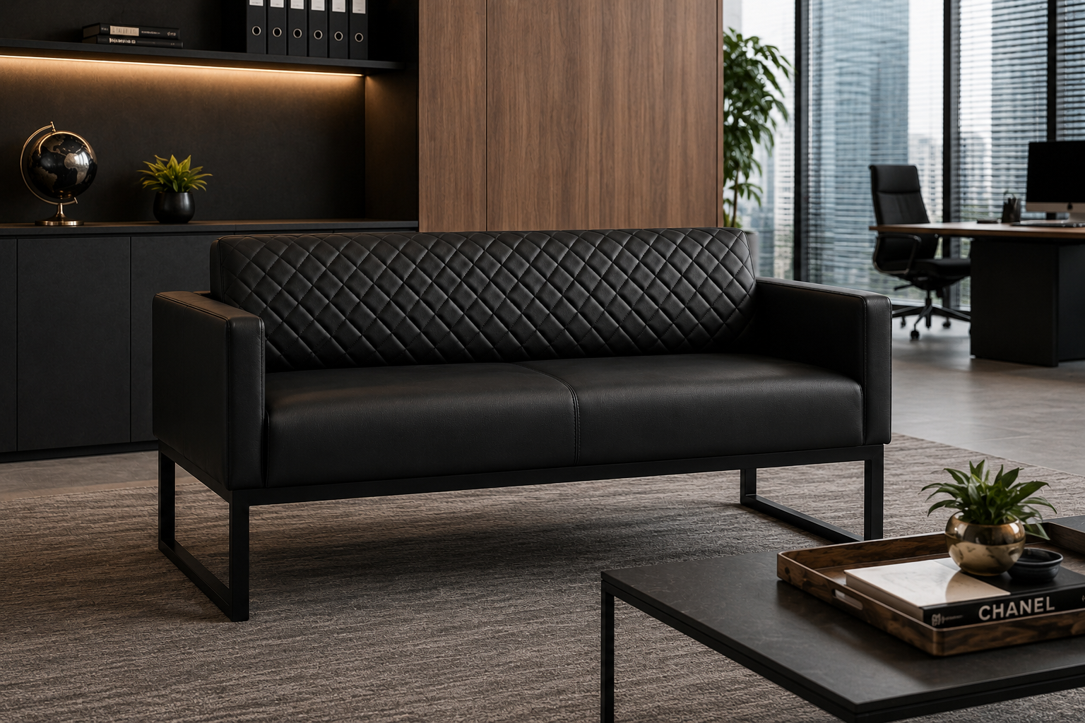 Luban İkili Kanepe – Modern Siyah Deri Ofis Kanepesi