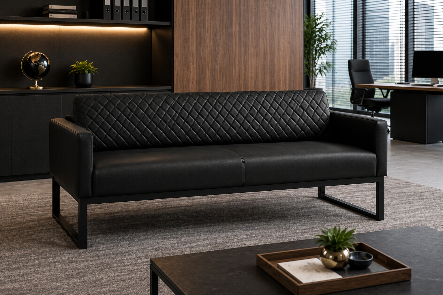 Luban Üçlü Kanepe – Premium Siyah Deri Ofis Kanepesi