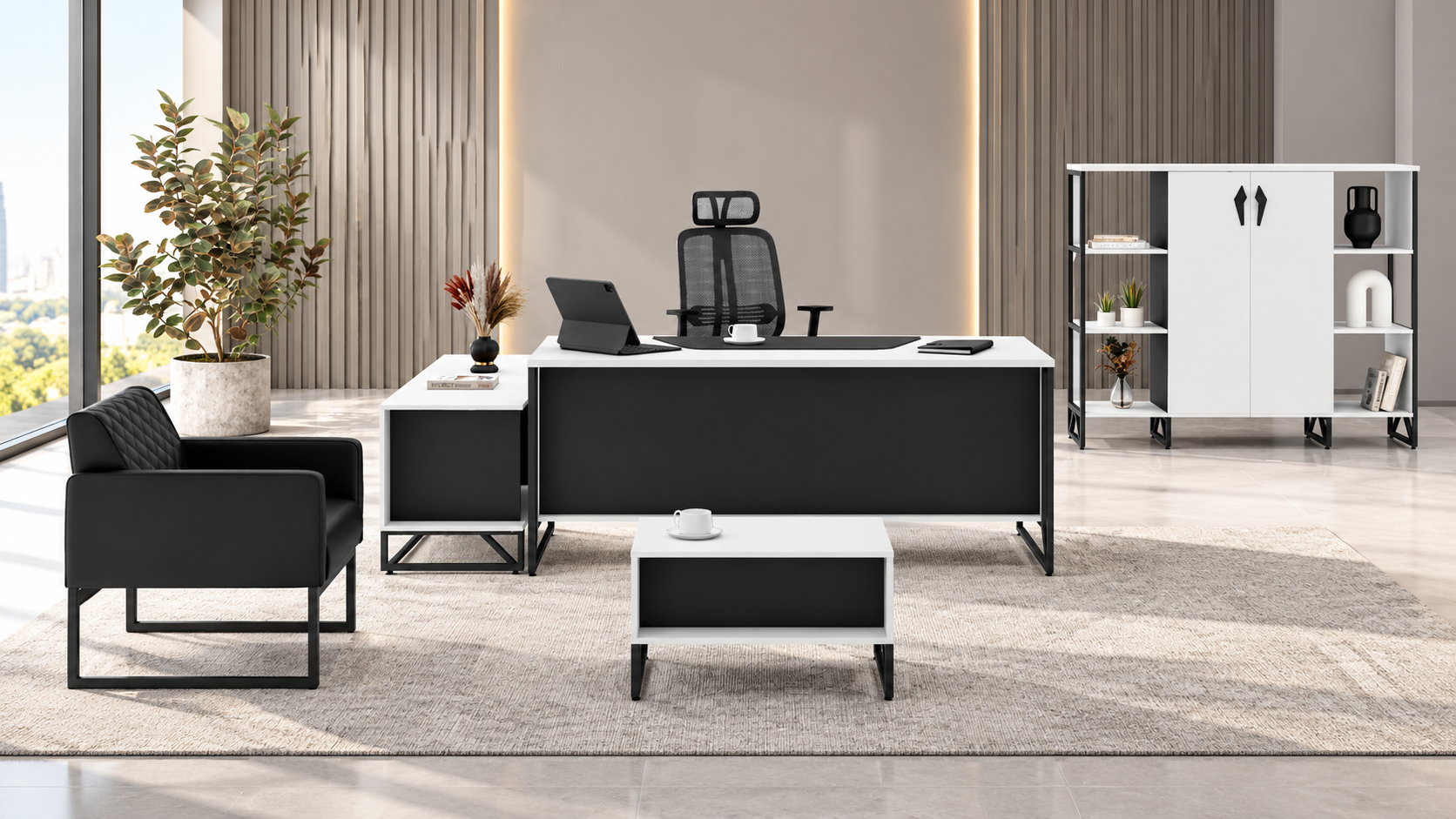 Luban Yönetici Masa Takımı | Modern Tasarım, Metal Ayaklı Ofis Mobilyası - Beyaz