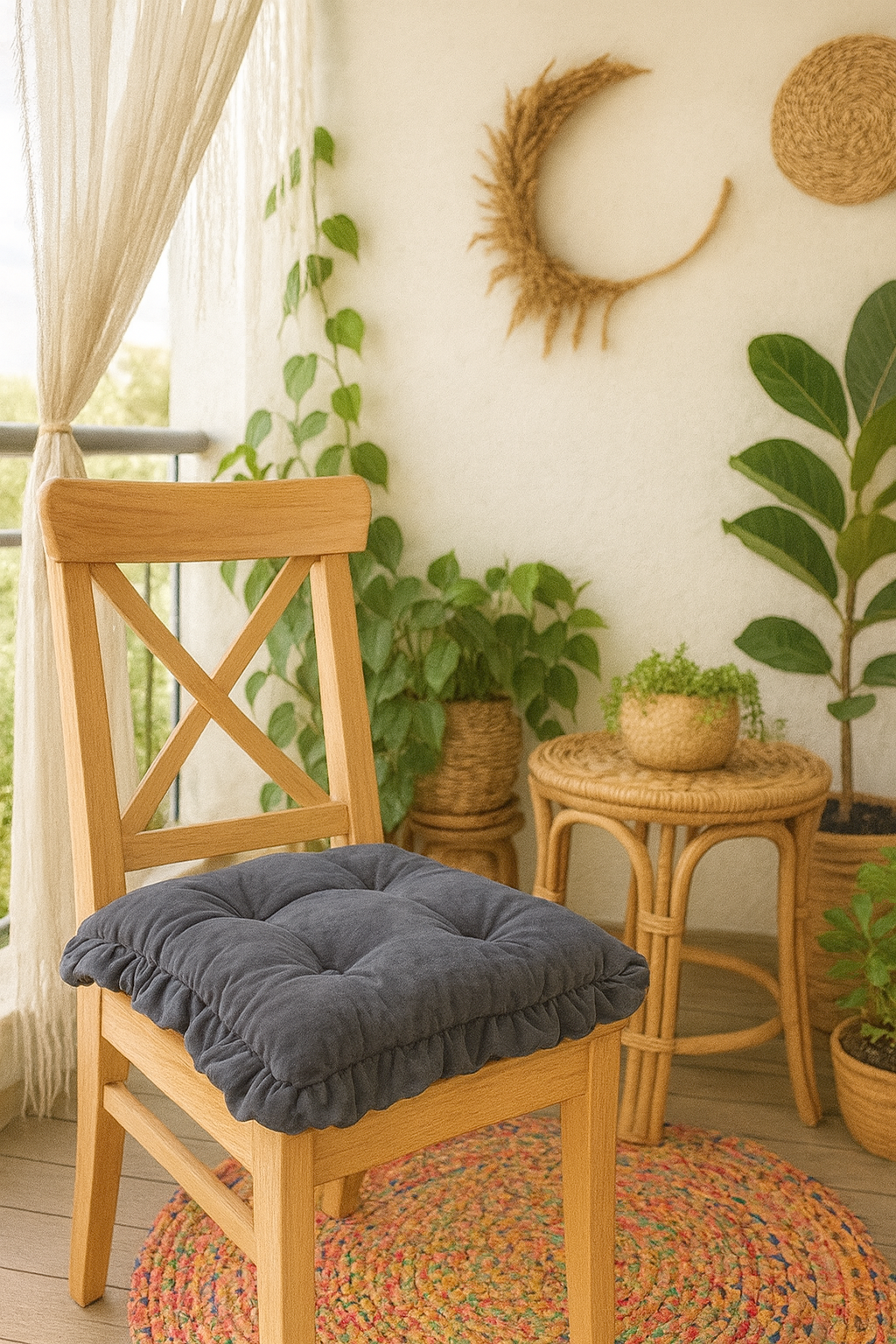 Antrasit Fırfırlı Özel Dikişli Sandalye Minderi Dolgulu Kare Bağcıklı Yıkanabilir 40x40 cm