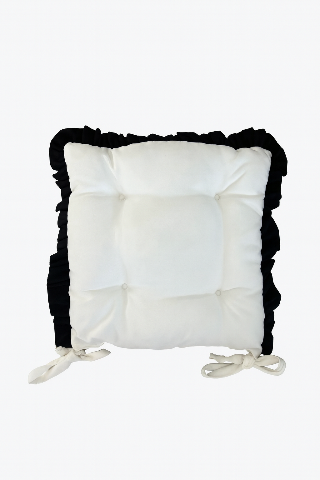 Beyaz Siyah Fırfırlı Özel Dikişli Sandalye Minderi Dolgulu Kare Bağcıklı Yıkanabilir 40x40 cm