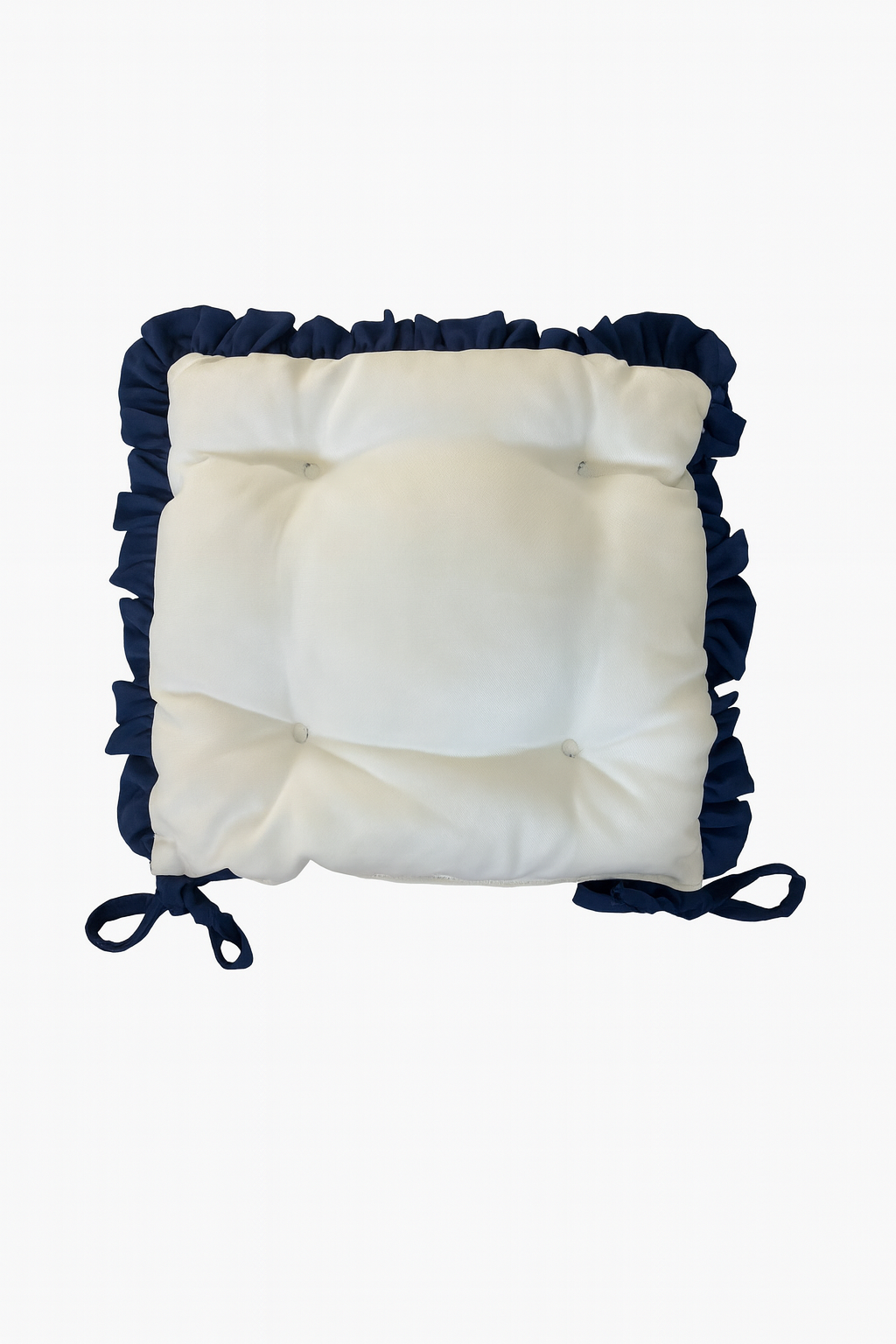 Mavi Beyaz Fırfırlı Özel Dikişli Sandalye Minderi Dolgulu Kare Bağcıklı Yıkanabilir 40x40 cm