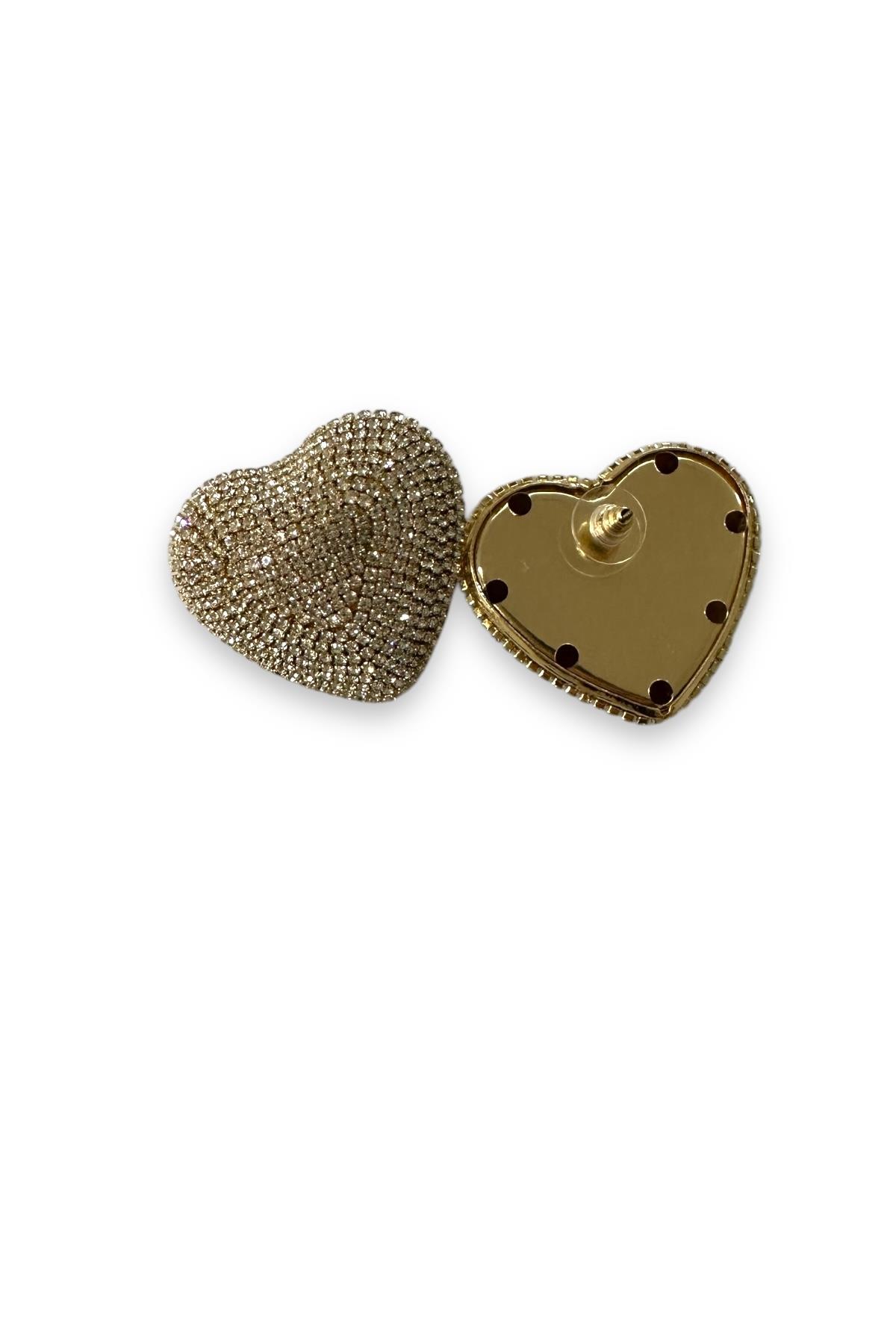 Parlak Taşlı Gold Kalp Küpe