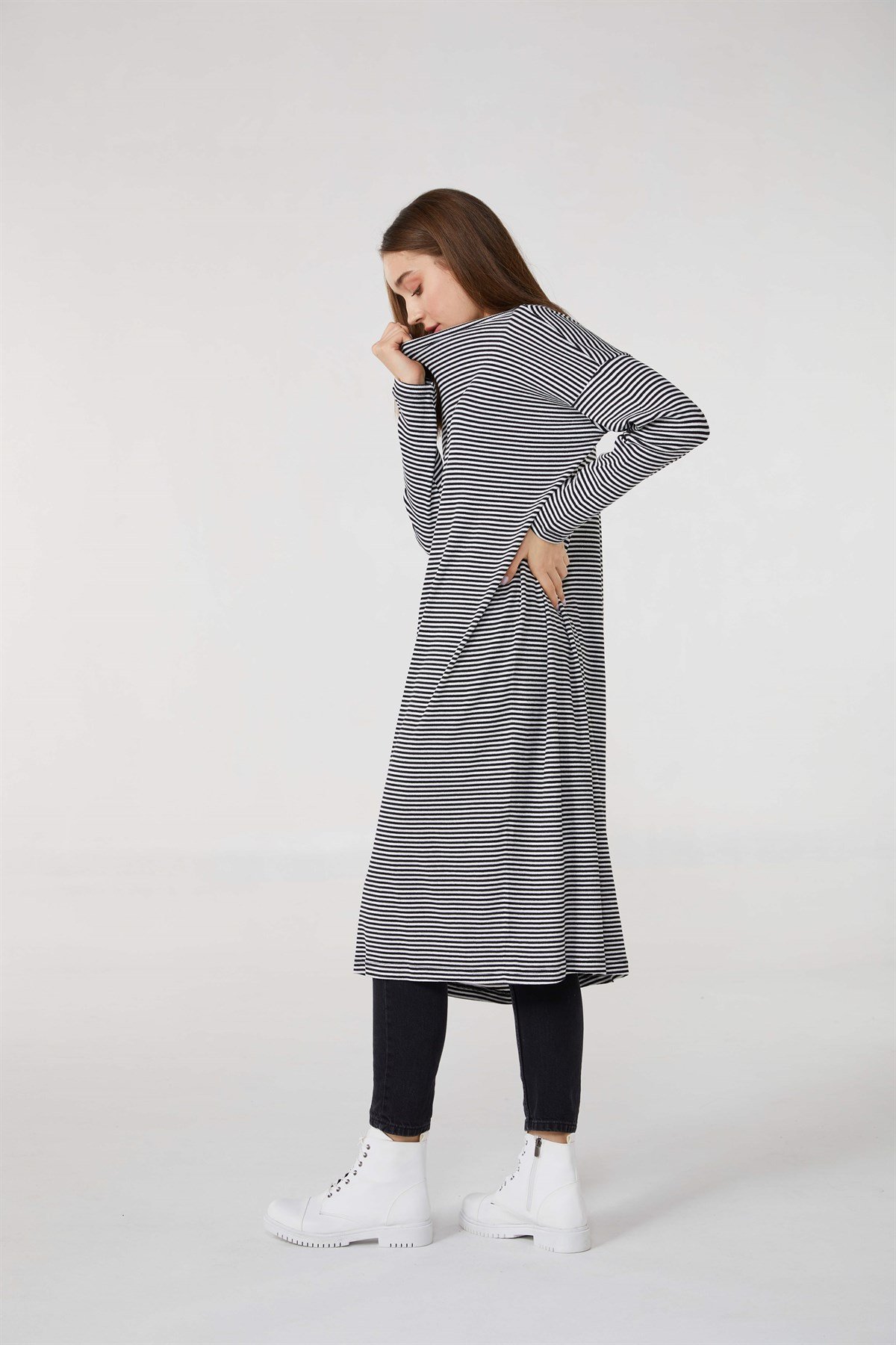 Hanım Hatun Basic Triko Tunik Siyah Çizgili