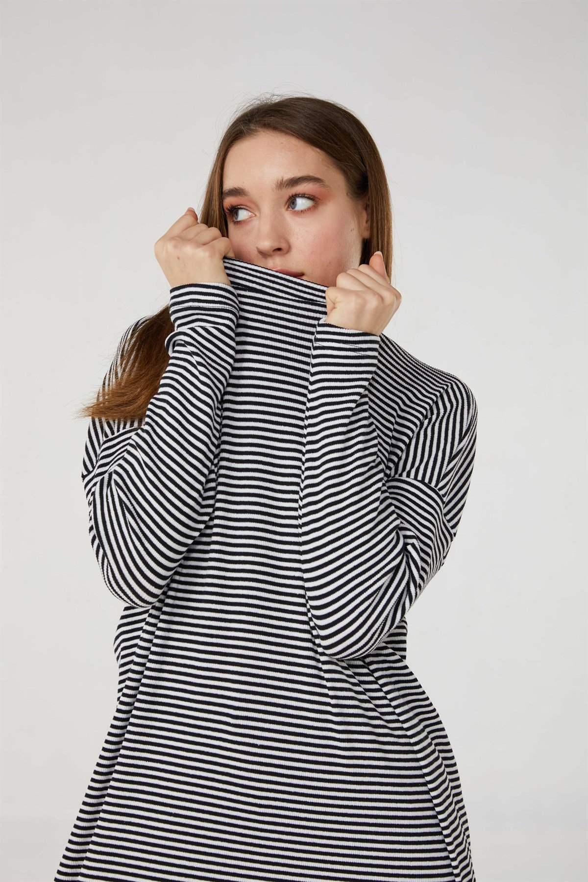 Hanım Hatun Basic Triko Tunik Siyah Çizgili