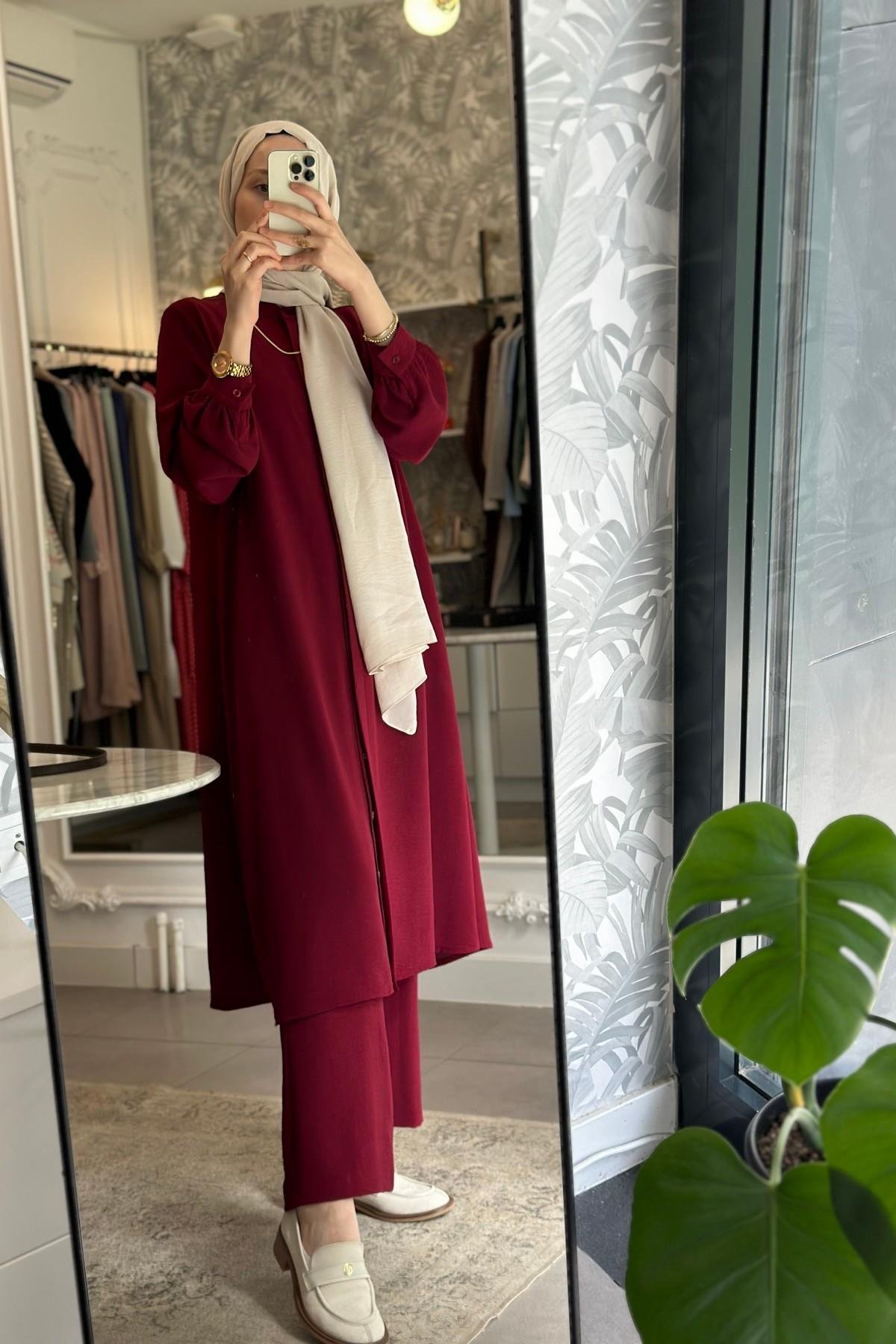 Hanım Hatun Bordo Farah Tunik Pantolon Takım