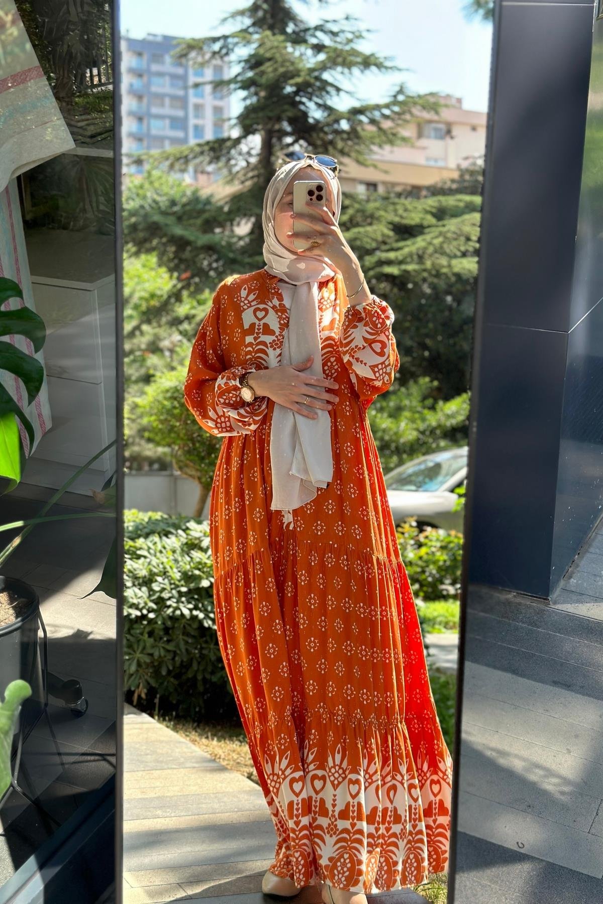 Hanım Hatun Lora Pamuk Viskon Elbise Turuncu