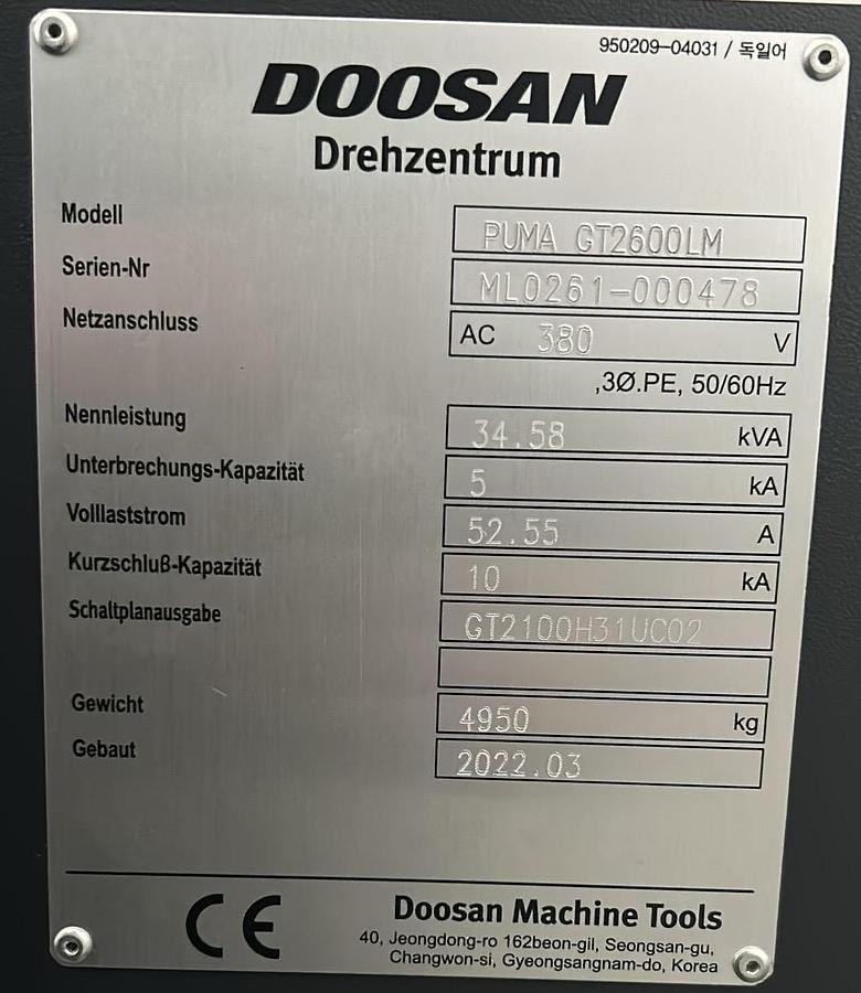 2022 Doosan Puma GT 2600 LM 3-axis CNC Lathe