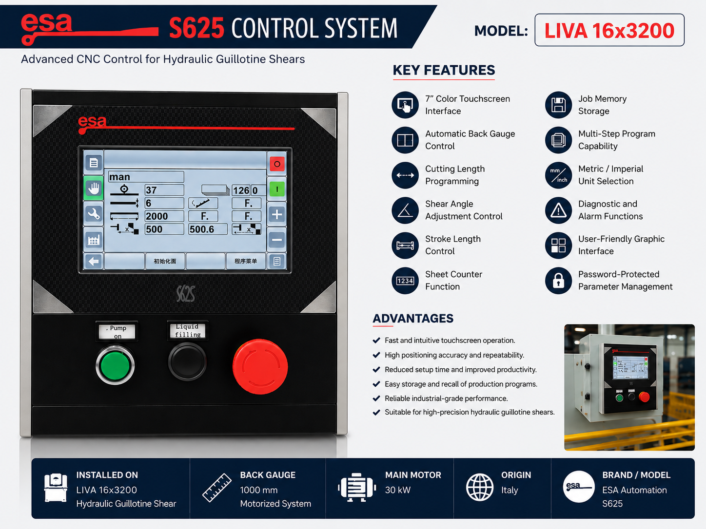 Liva OEM-CN 16x3200 Hydraulic Guillotine Shearing Machine with ESA S625 Control Unit