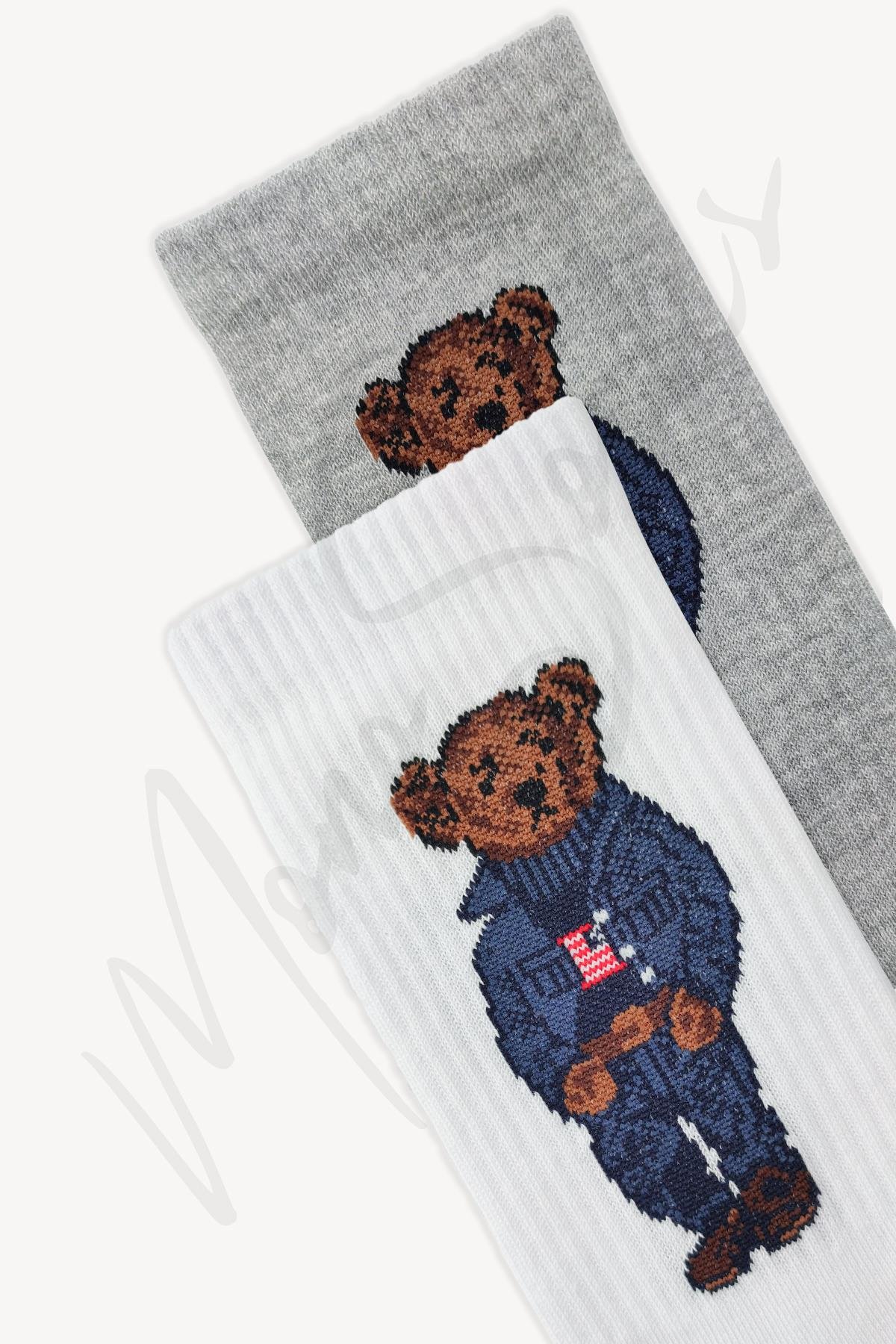 Mono Socks - 2'li Mavi Teddy Bear Tenis Çorap - Desenli Pamuklu Çoraplar - Mono Socks - Özel Tasarım Çoraplar