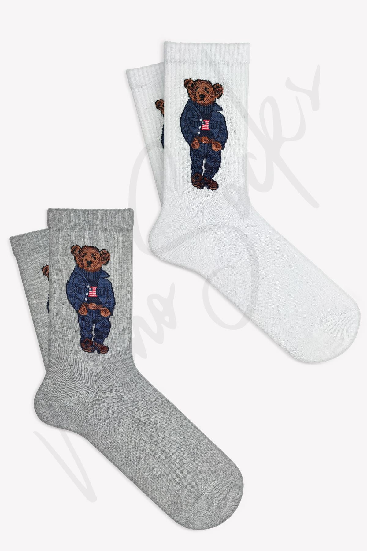 Mono Socks - 2'li Mavi Teddy Bear Tenis Çorap - Desenli Pamuklu Çoraplar - Mono Socks - Özel Tasarım Çoraplar