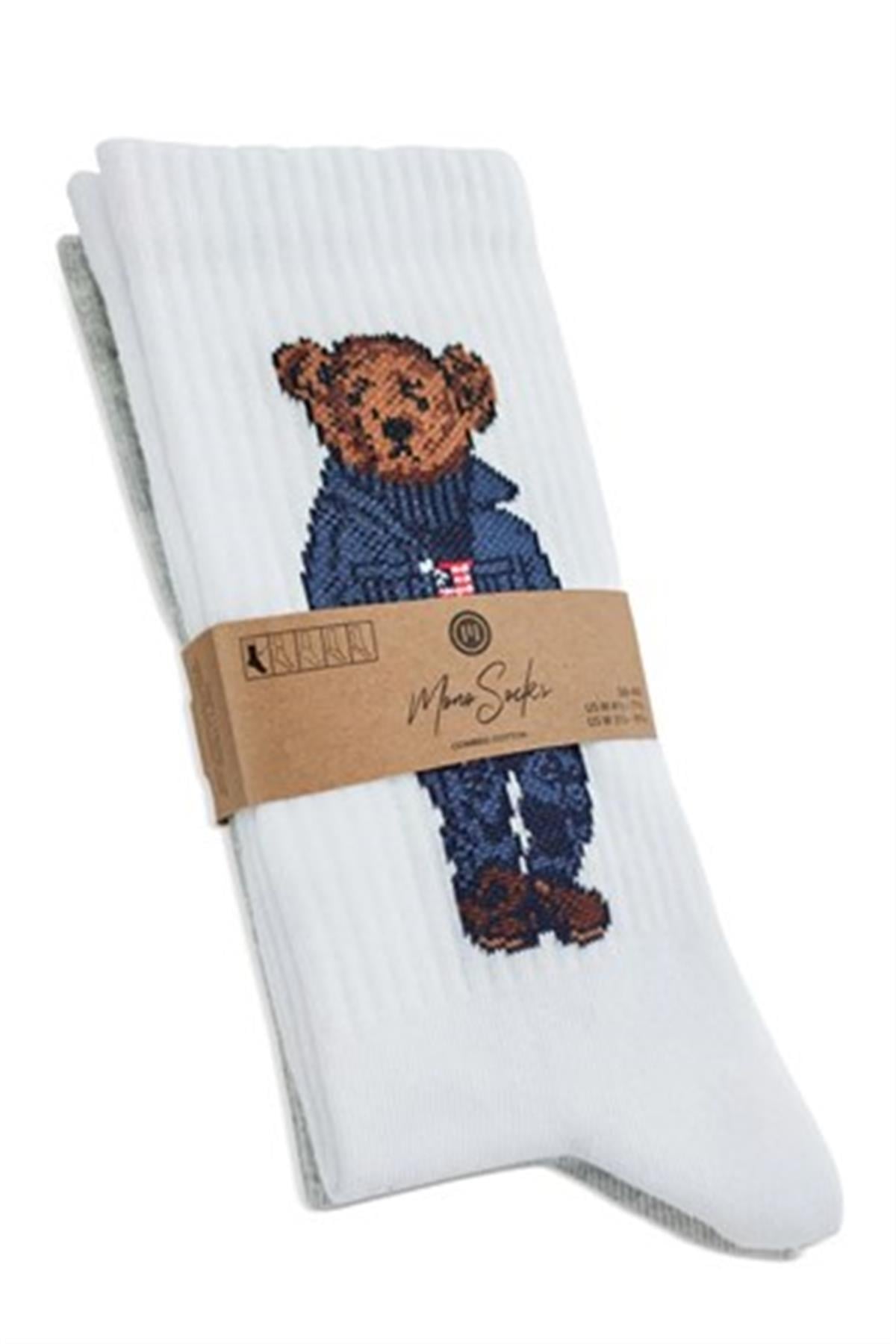 Mono Socks - 2'li Mavi Teddy Bear Tenis Çorap - Desenli Pamuklu Çoraplar - Mono Socks - Özel Tasarım Çoraplar