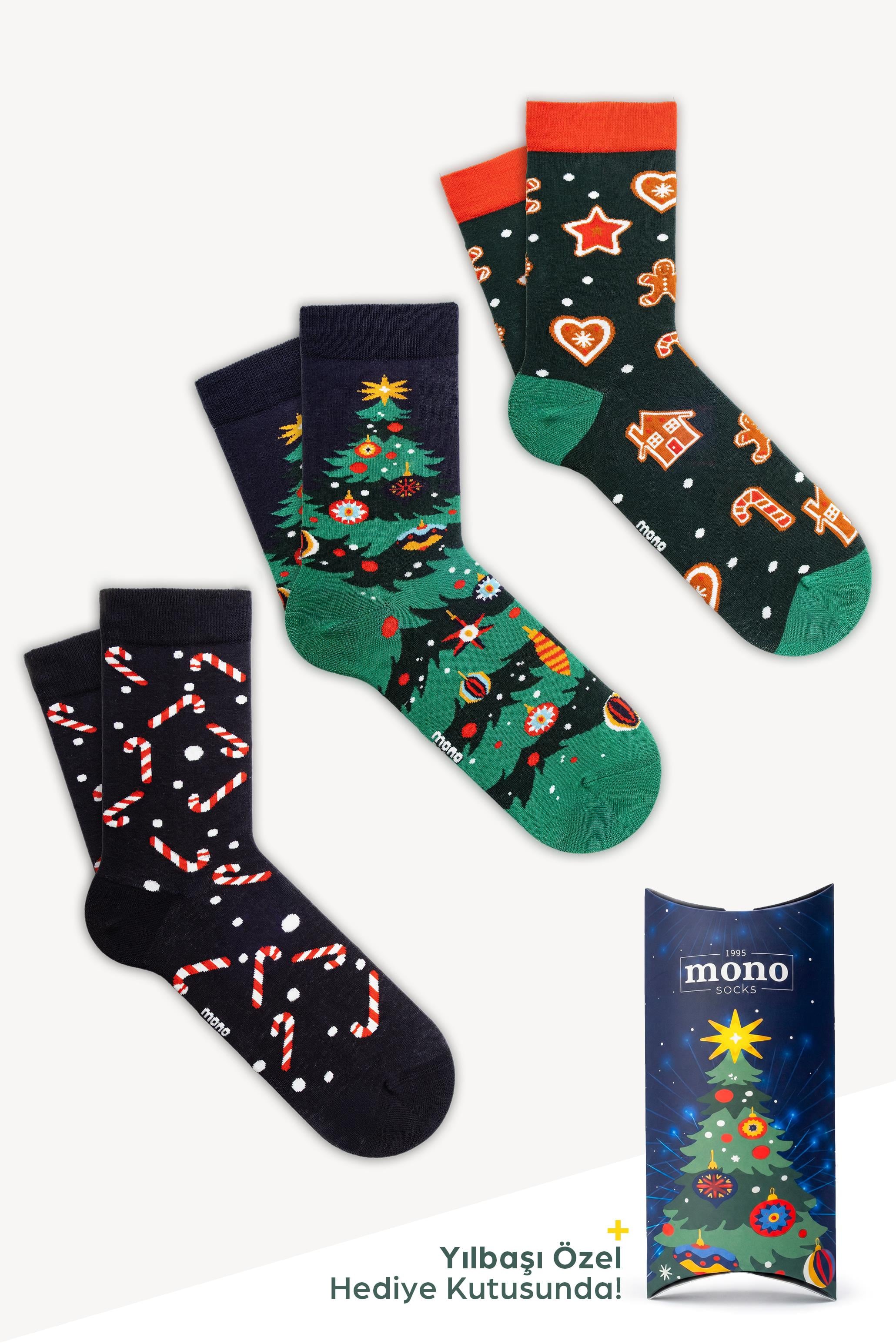 Mono Socks - 3'lü Christmas Classic (Yılbaşı Ağacı – Şeker – Kurabiye) - Desenli Pamuklu Çoraplar - Mono Socks - Özel Tasarım Çoraplar