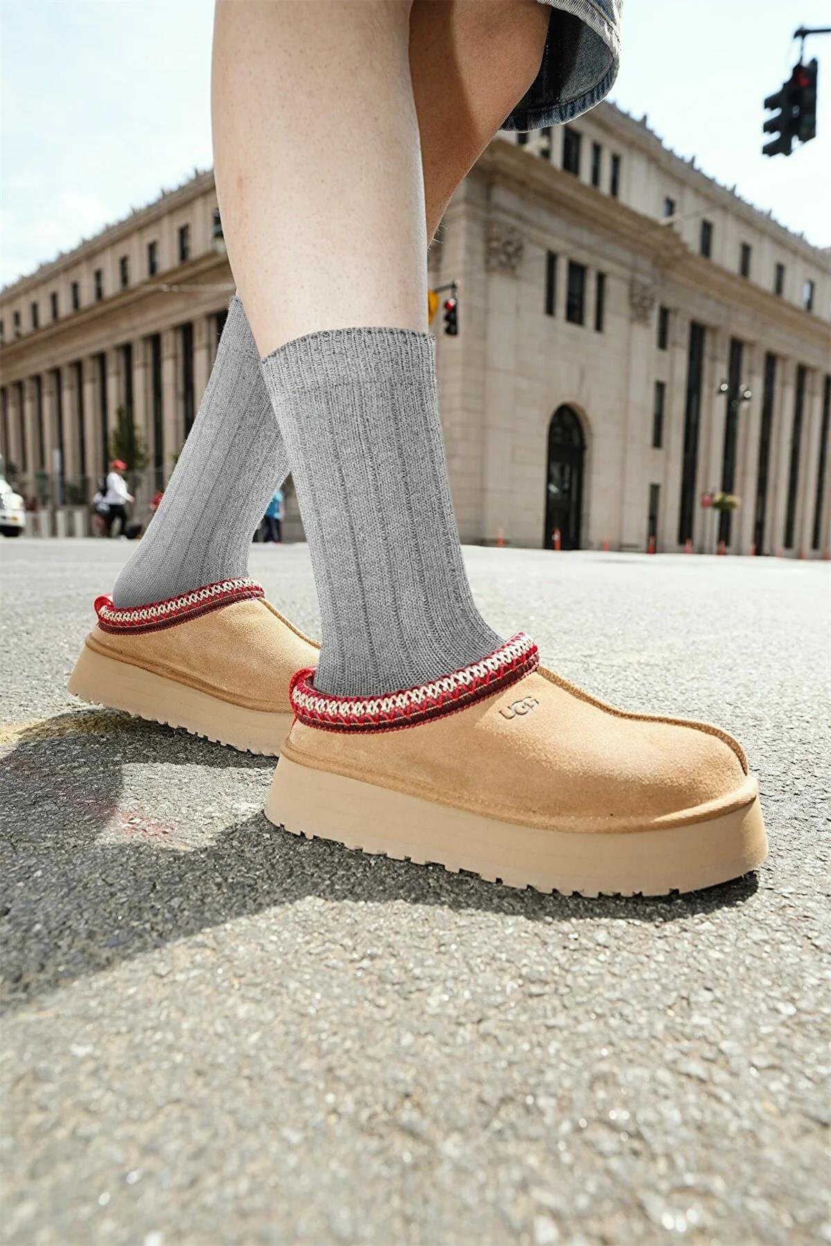 Mono Socks 3'lü Fitilli Pamuklu Orta Boy Kalın Kışlık Çorap - Desenli Pamuklu Çoraplar - Mono Socks - Özel Tasarım Çoraplar