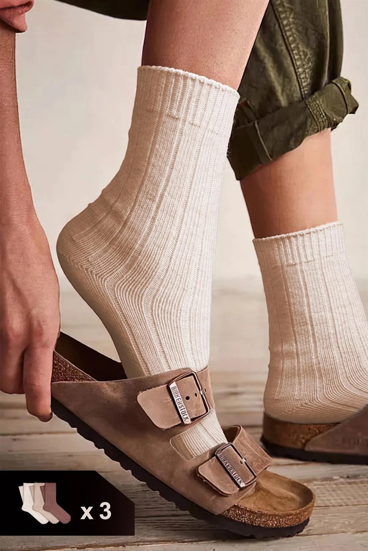 Mono Socks 3'lü Fitilli Pamuklu Orta Boy Kalın Kışlık Çorap - Desenli Pamuklu Çoraplar - Mono Socks - Özel Tasarım Çoraplar