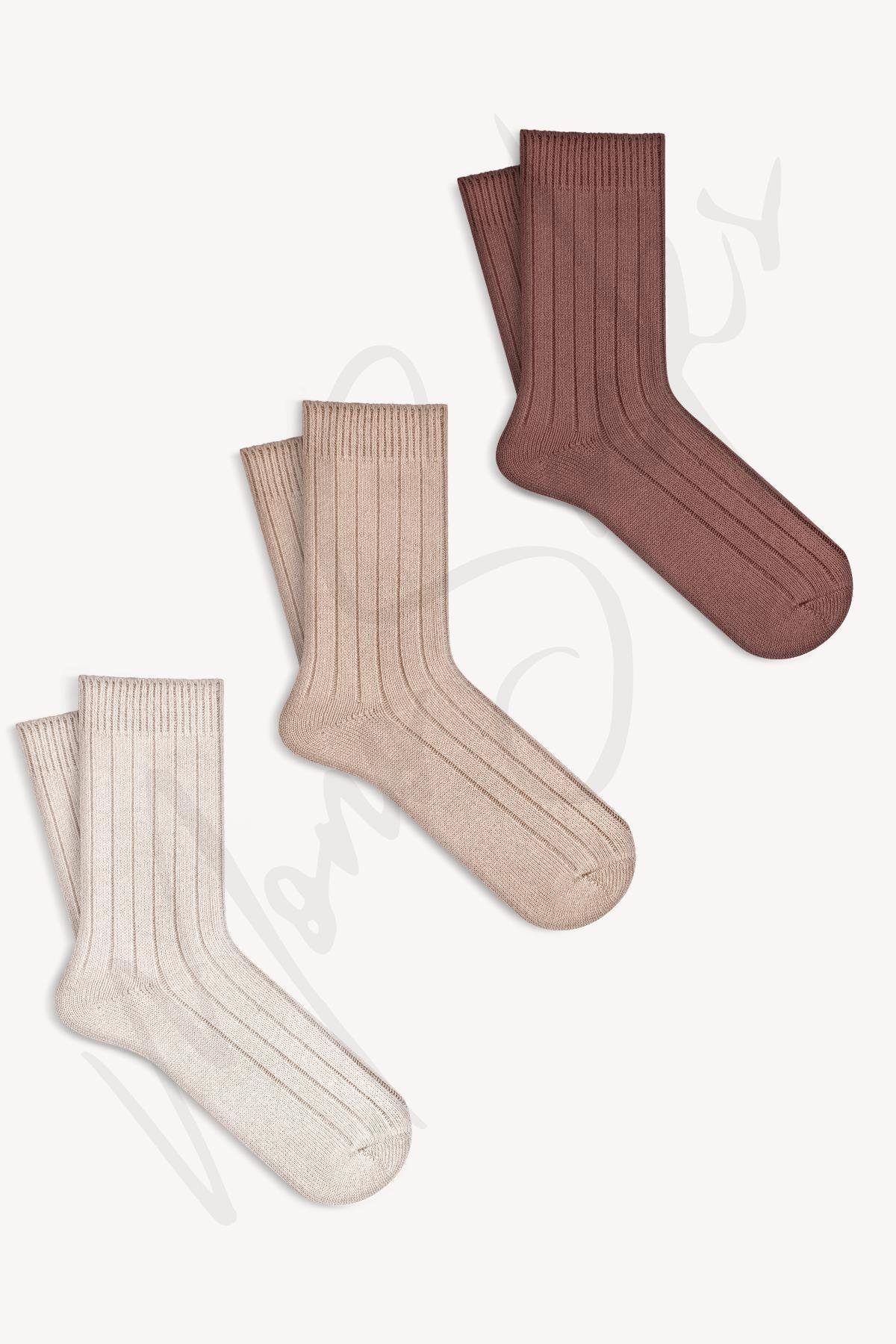 Mono Socks 3'lü Fitilli Pamuklu Orta Boy Kalın Kışlık Çorap - Desenli Pamuklu Çoraplar - Mono Socks - Özel Tasarım Çoraplar