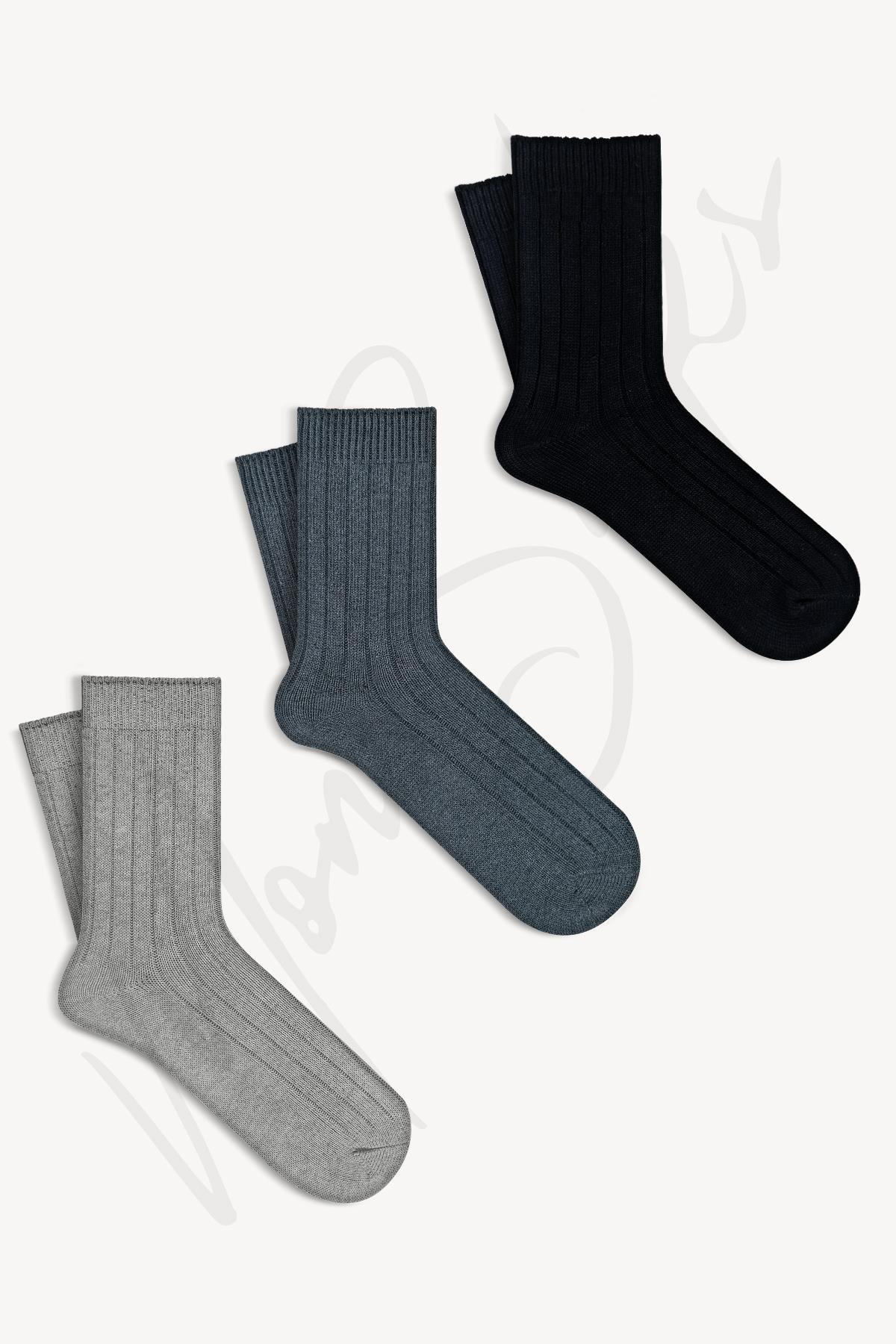 Mono Socks 3'lü Fitilli Pamuklu Orta Boy Kalın Kışlık Çorap - Desenli Pamuklu Çoraplar - Mono Socks - Özel Tasarım Çoraplar