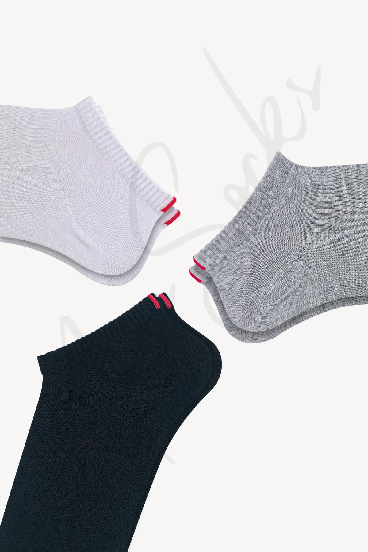 Mono Socks - 3lü Kırmızı Çentikli Dikişsiz Premium Pamuklu Çorap - Desenli Pamuklu Çoraplar - Mono Socks - Özel Tasarım Çoraplar