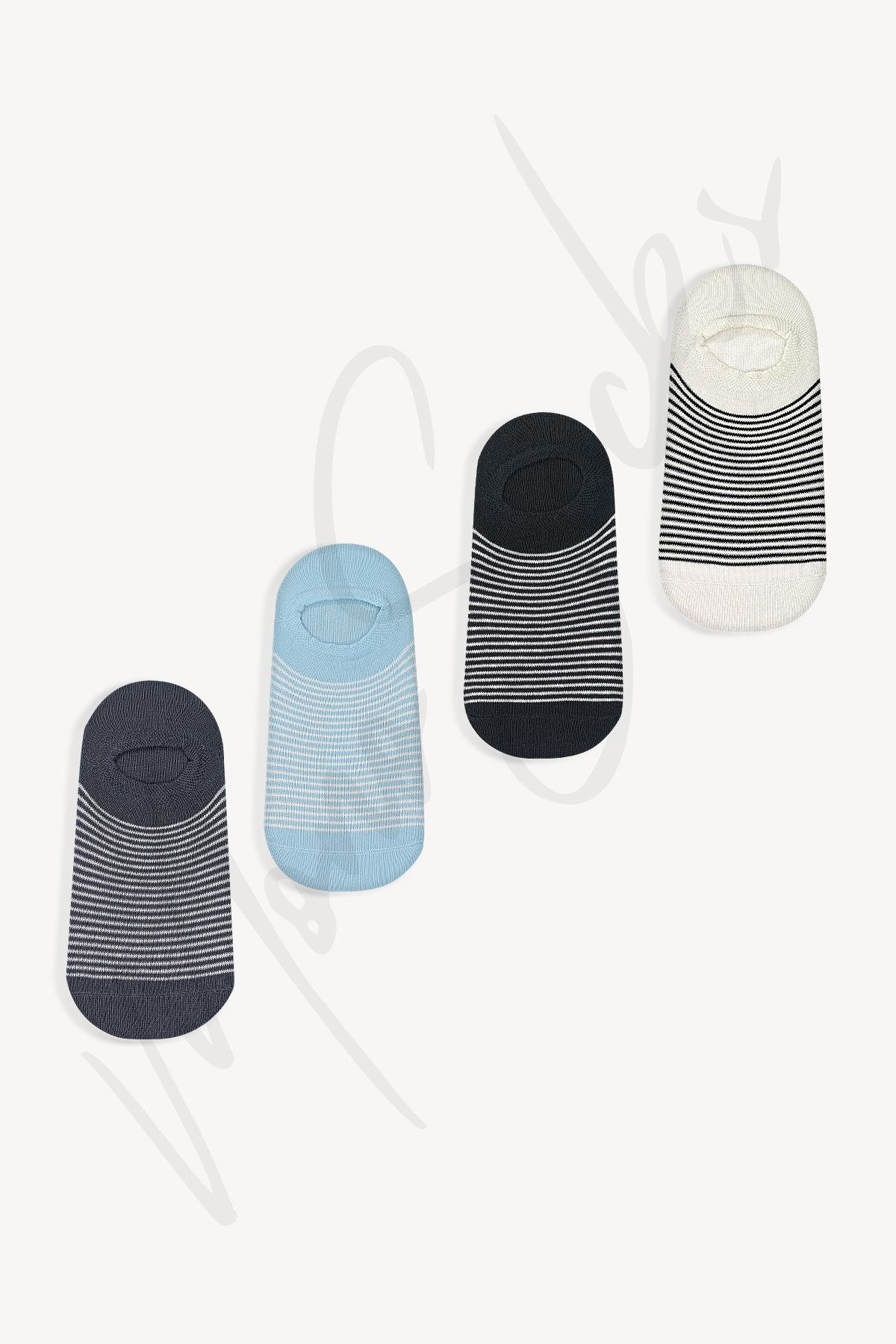 Mono Socks - 4'lü Görünmez Sneakers Çizgili Çorap - Desenli Pamuklu Çoraplar - Mono Socks - Özel Tasarım Çoraplar