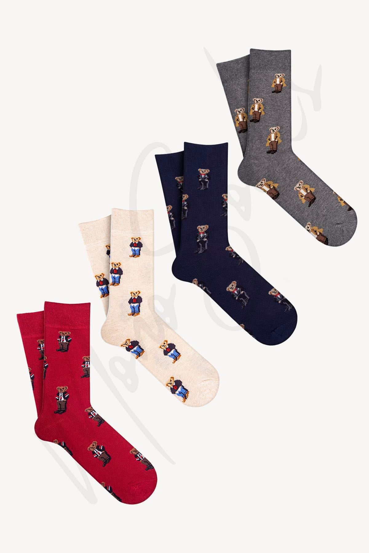 Mono Socks - 4'lü Teddy Bear Collection Desenli Pamuklu Çorap - Desenli Pamuklu Çoraplar - Mono Socks - Özel Tasarım Çoraplar