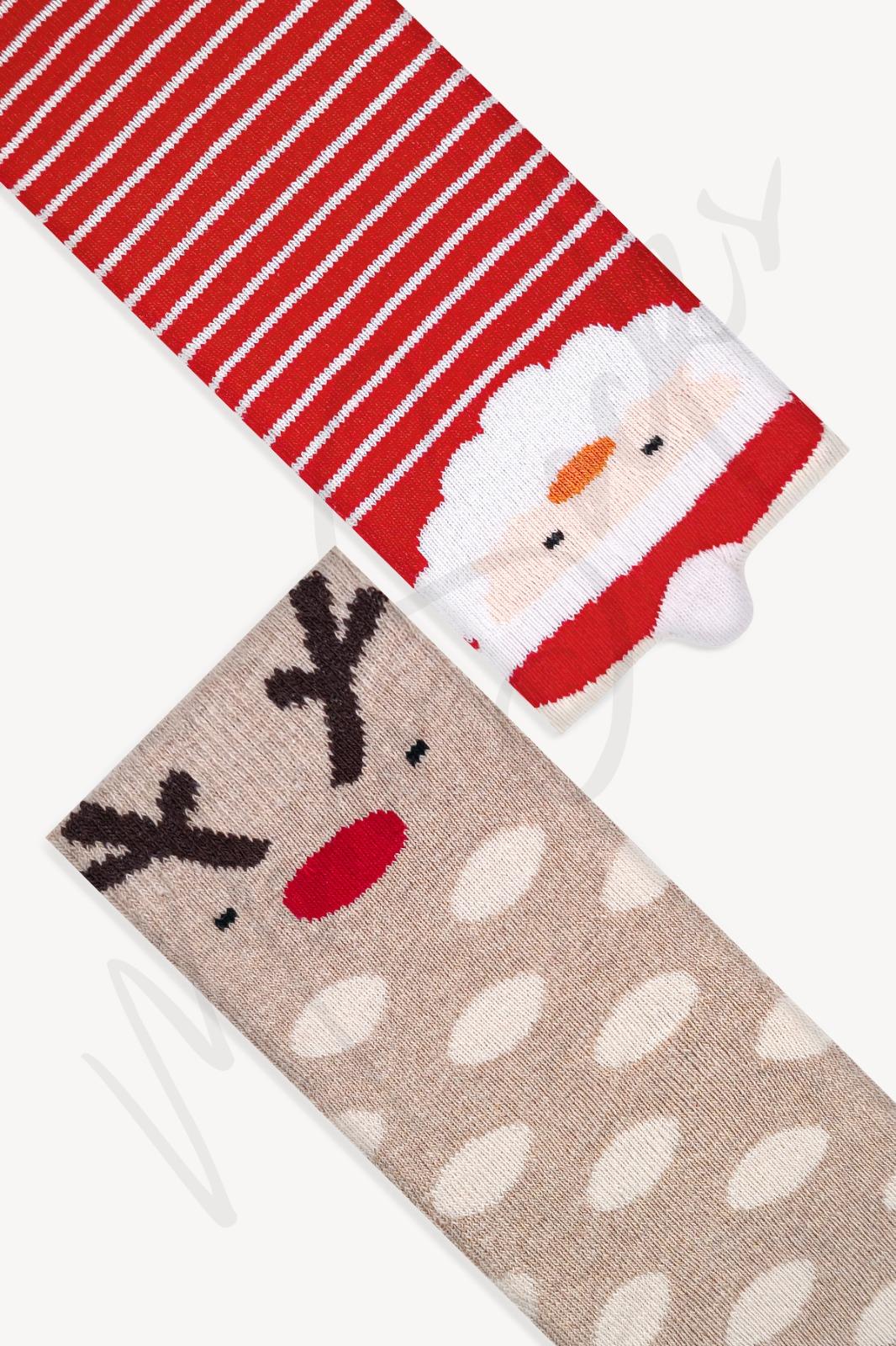 Mono Socks - Çocuk 2'li Kalın Kışlık Noel Geyik Desenli Çorap - Desenli Pamuklu Çoraplar - Mono Socks - Özel Tasarım Çoraplar