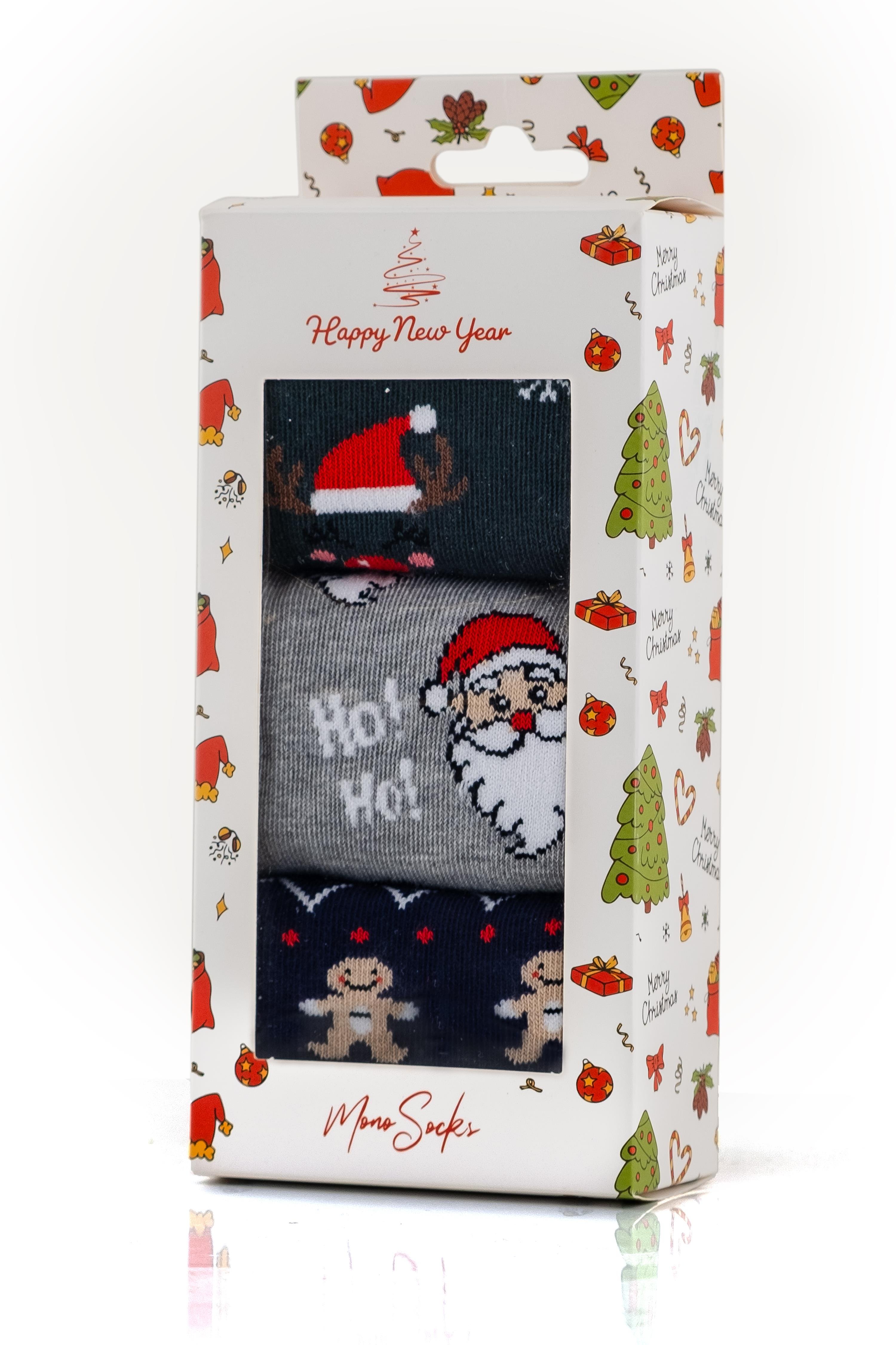 Noel Dede Hoho Desenli 3'lü Yılbaşı Hediyelik Çorap - Desenli Pamuklu Çoraplar - Mono Socks - Özel Tasarım Çoraplar