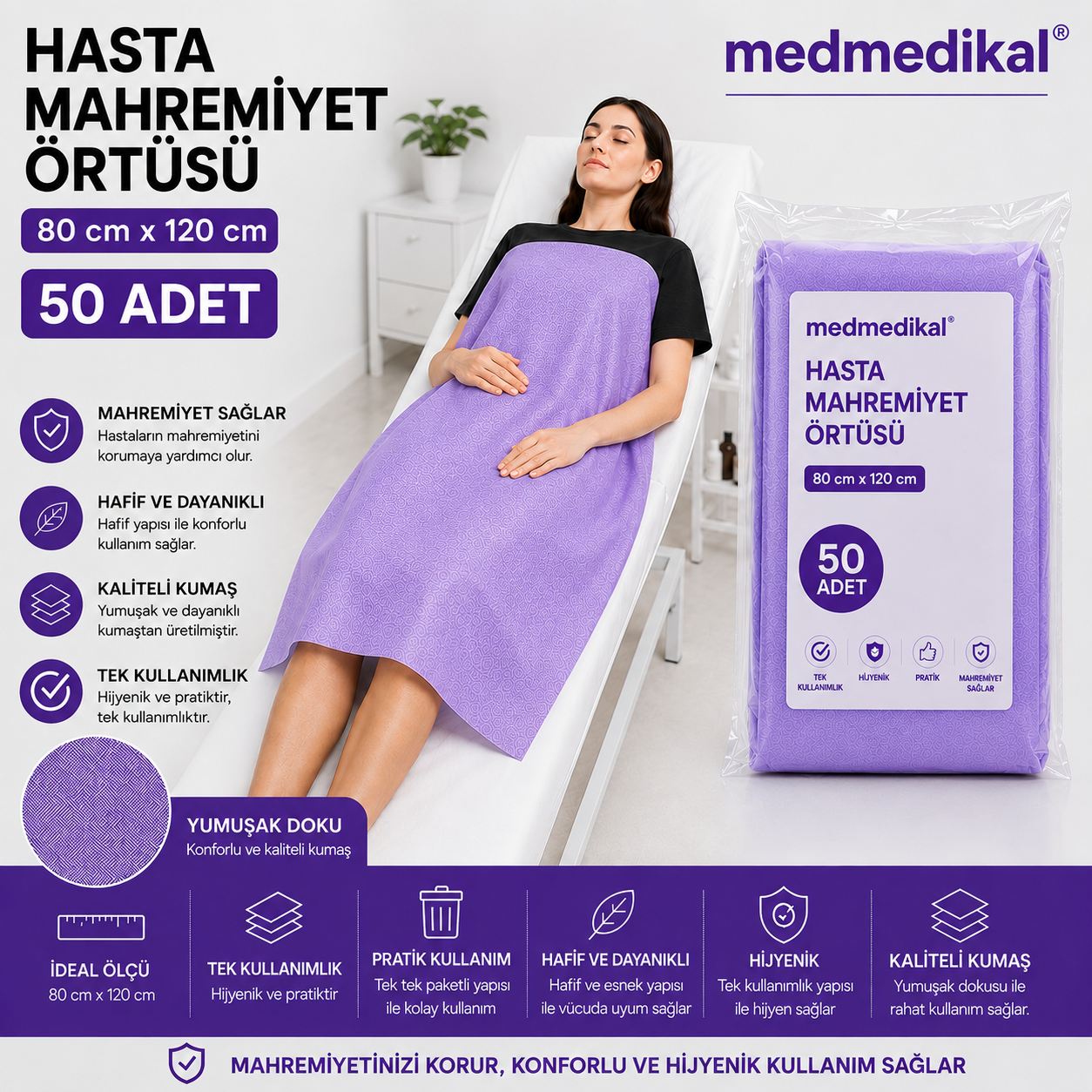 HASTA MAHREMİYET ÖRTÜSÜ LİLA RENK 80cm X 120cm 50 ADET TEK TEK PAKETLİ