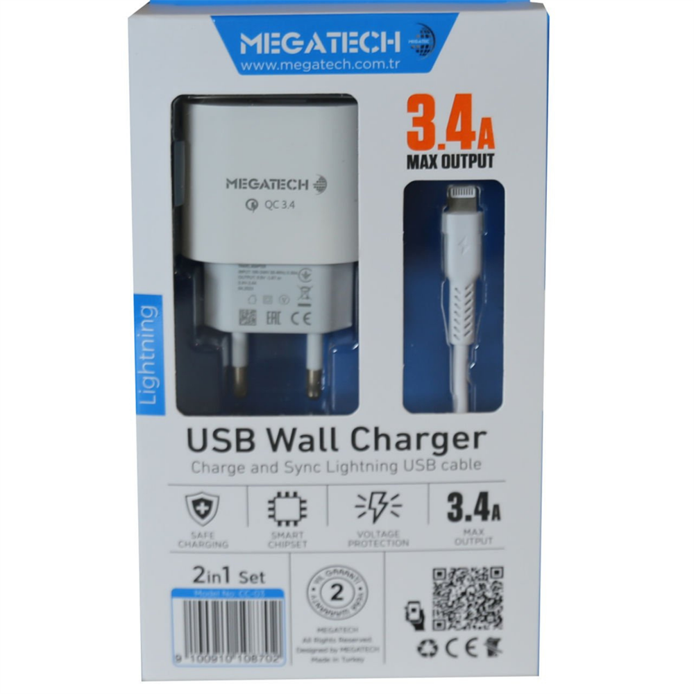 Megatech CC-03 3.4A Lightning Usb Kablo + Ev Şarj Adaptörü Hızlı Şarj