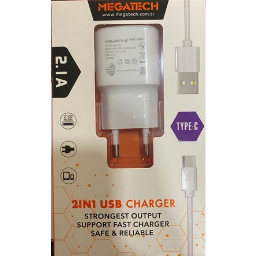 Megatech MT-Ct1 2.1a 2ın1 Typc-e Ev Şarj+Type-c Kablo