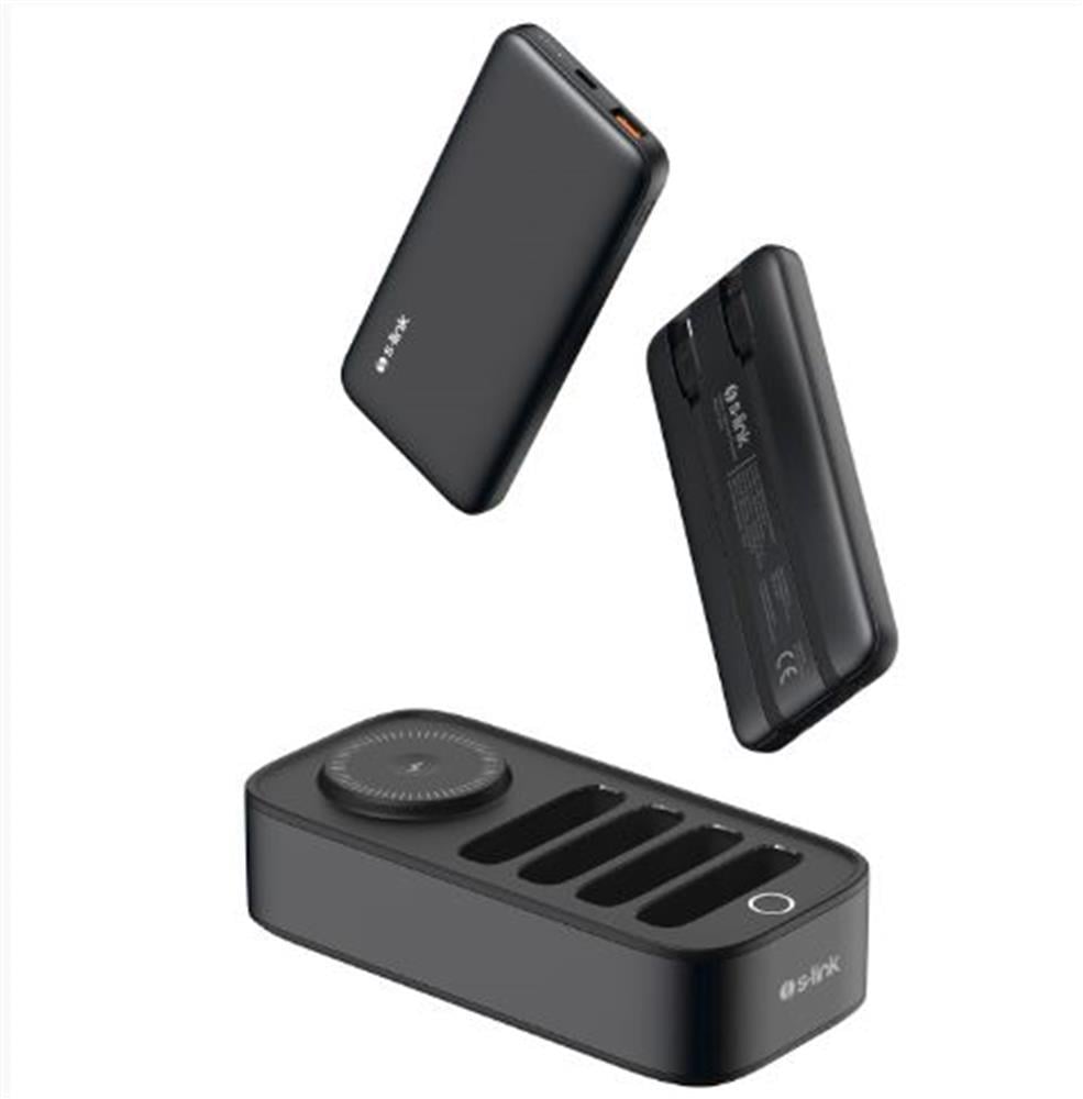S-link IP-DS40 4 Adet 10000mAH Powerbank li  15W Kablosuz Şarj Siyah Taşınabilir Şarj İstasyonu