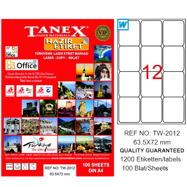 Tanex Laser Etiket 100 YP 63x72 MM Laser-Copy-Inkjet TW-2012