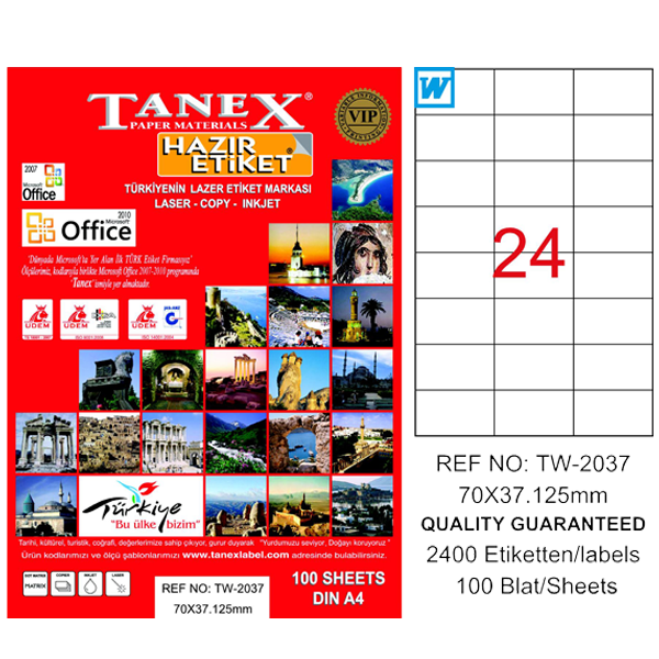 Tanex Laser Etiket 100 YP 70x37.125 Laser-Copy-Inkjet TW-2037