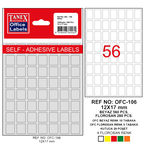 Tanex Ofis Etiketi Poşetli 12x17 MM Beyaz OFC-106