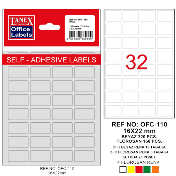 Tanex Ofis Etiketi Poşetli 16x22 MM Beyaz OFC-110