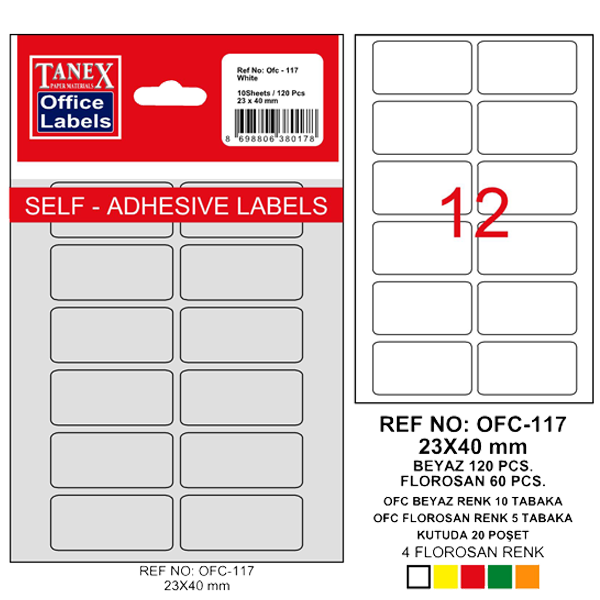 Tanex Ofis Etiketi Poşetli 23x40 MM Beyaz OFC-117
