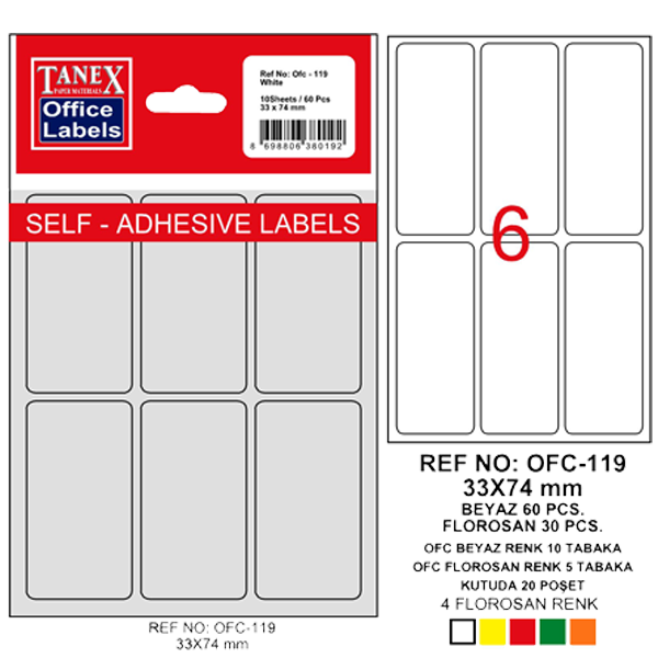 Tanex Ofis Etiketi Poşetli 33x74 MM Beyaz OFC-119