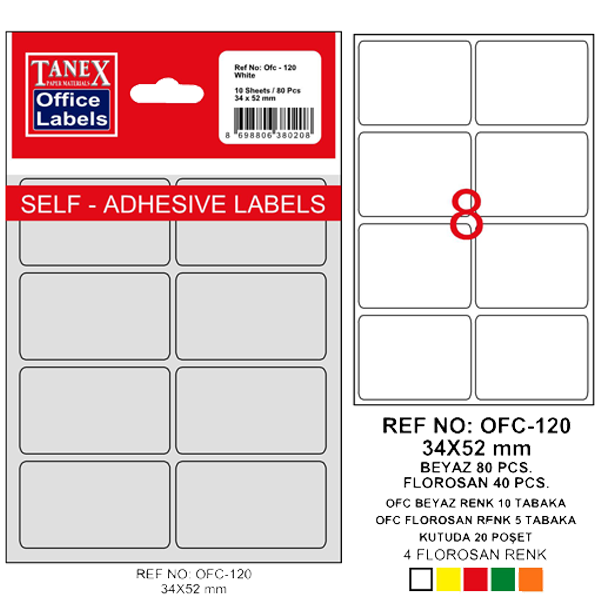 Tanex Ofis Etiketi Poşetli 34x55 MM Beyaz OFC-120
