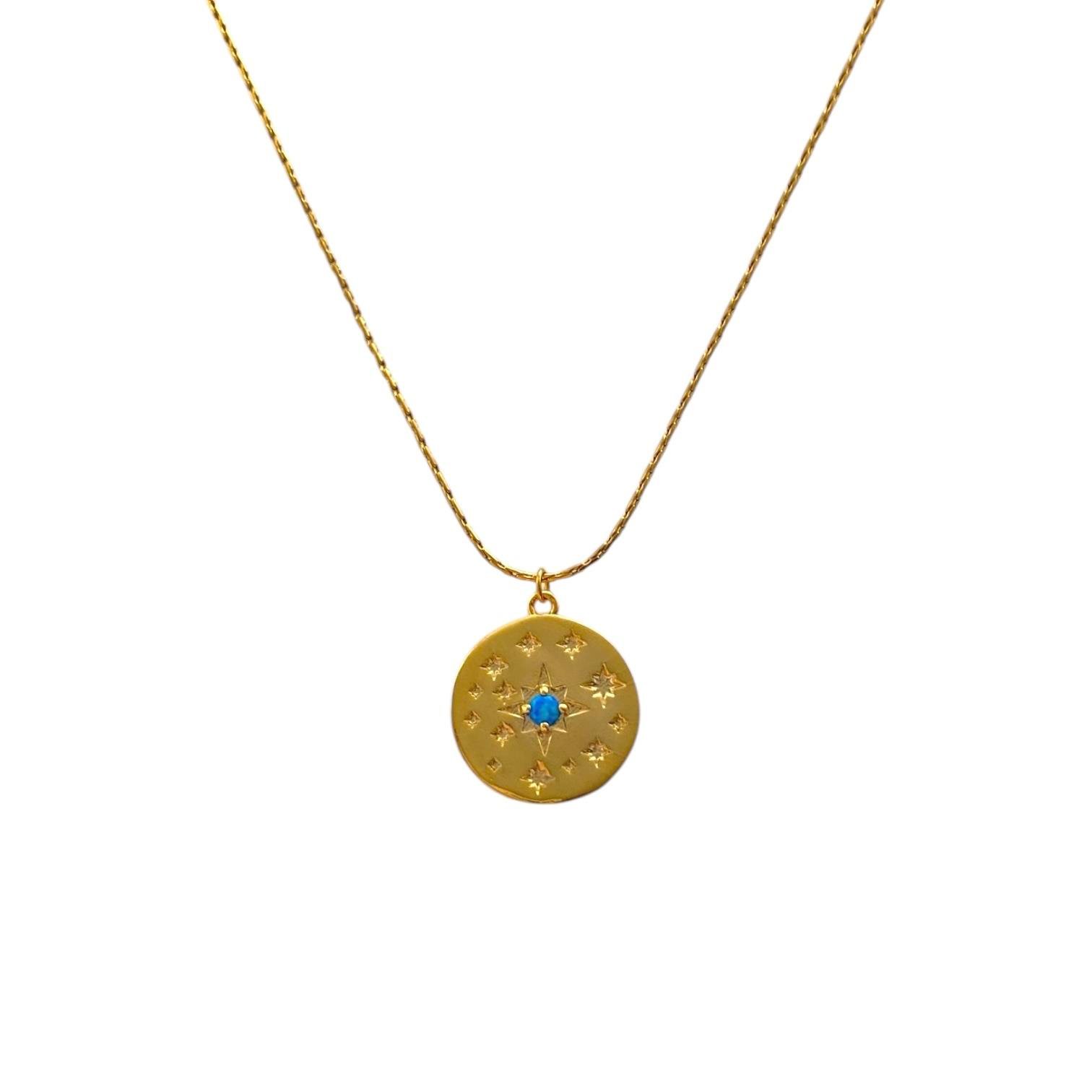 Çelik Hayalet Zincir Opal Taşlı Madalyon Kolye